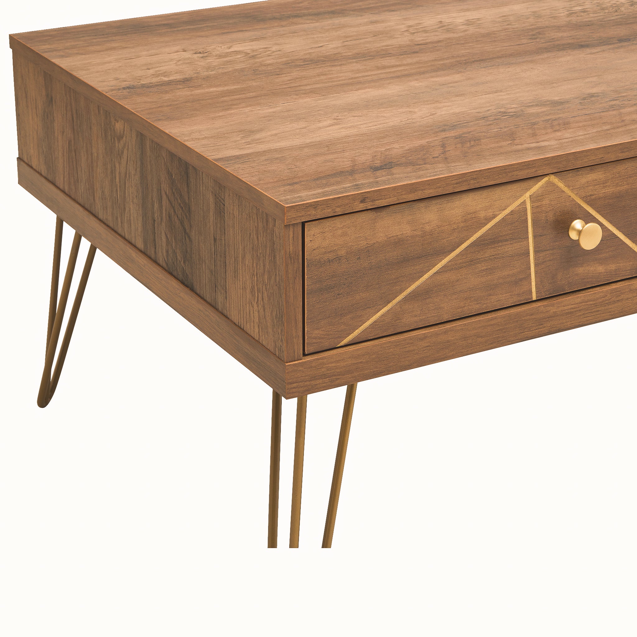Angled side view of the Soline Mid-Century Wooden Coffee Table showing its wood-effect top, geometric detailed drawer, gold handle and slim metal hairpin legs.