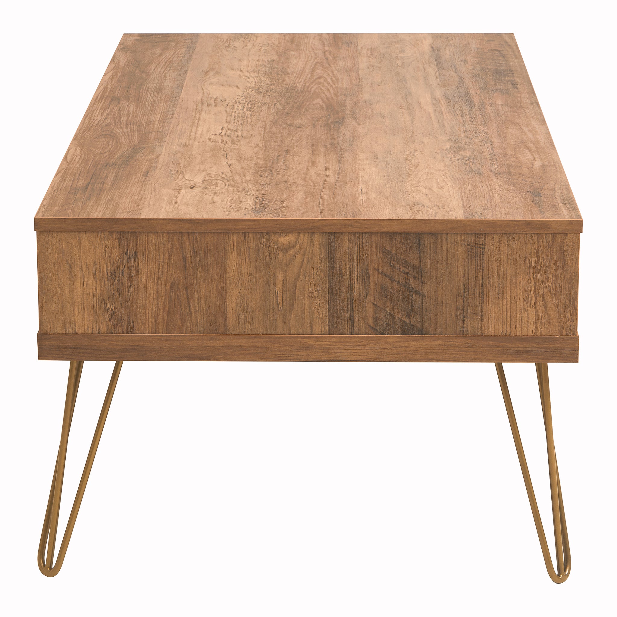 Rear view of the Soline Mid-Century Wooden Coffee Table highlighting the rectangular wood-effect tabletop, warm grain finish and slender gold metal hairpin legs.