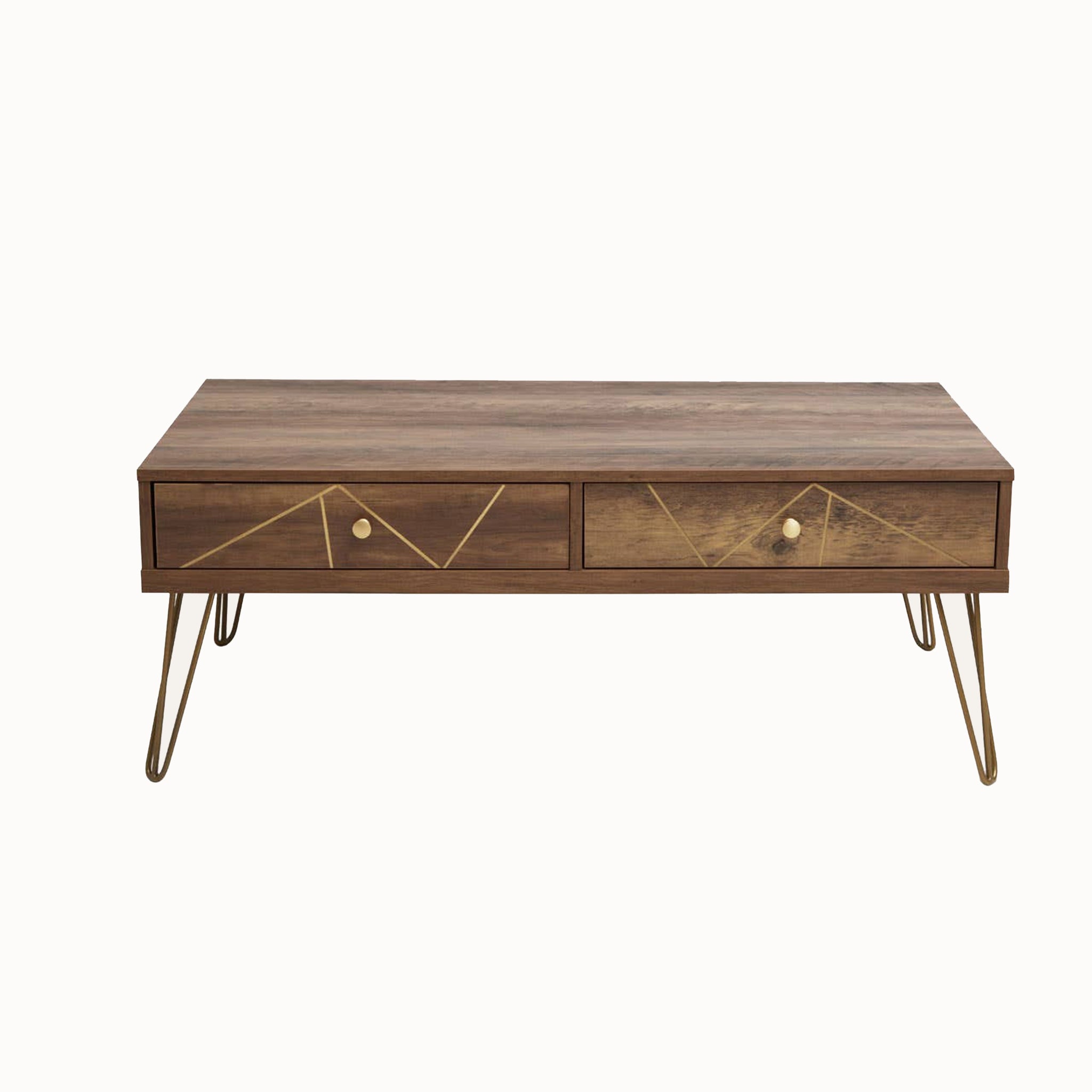 Front view of the Soline Mid-Century Wooden Coffee Table featuring two spacious drawers, warm wood-effect finish, geometric gold detailing and slender metal hairpin legs.