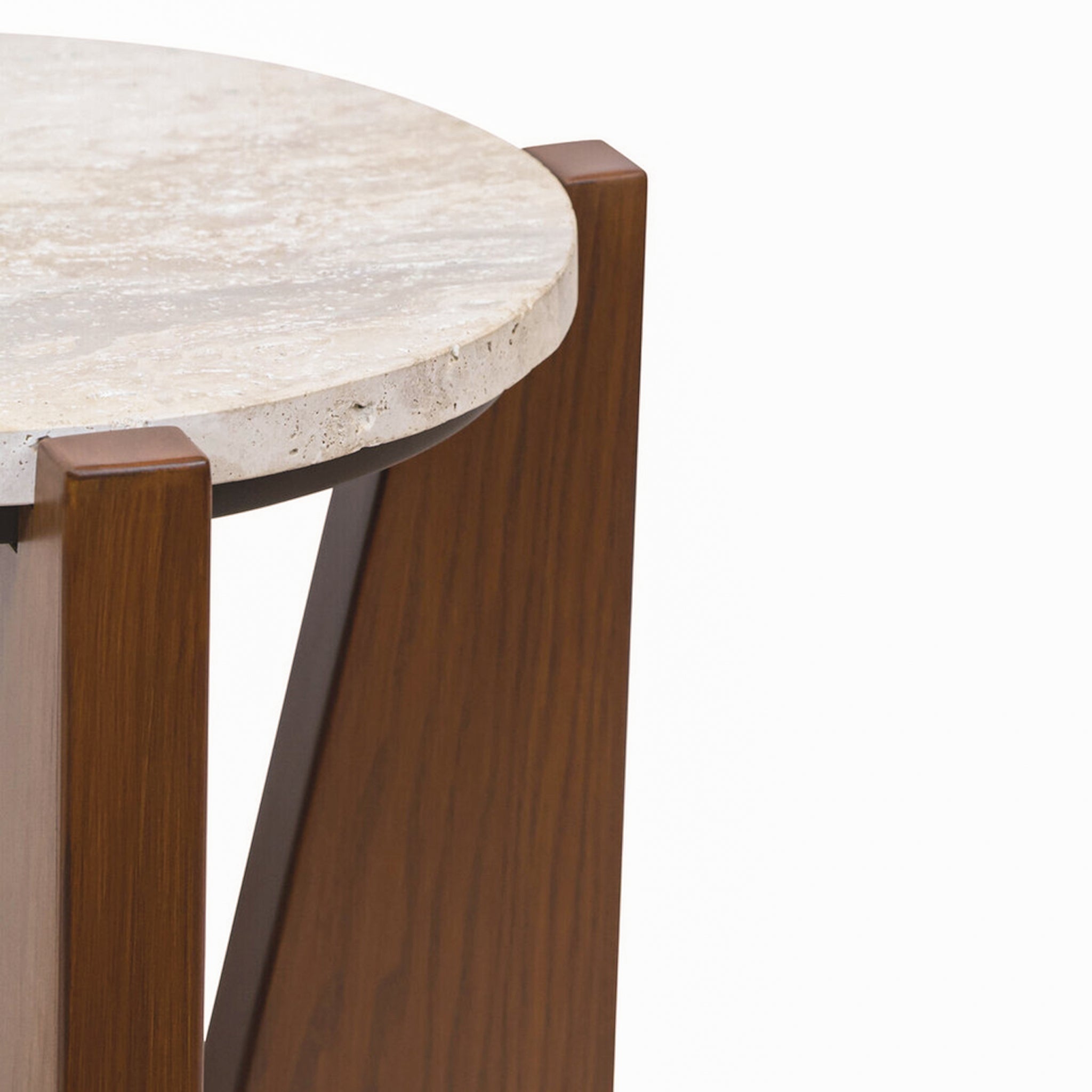 Detailed close-up of the Soline Side Table showing the natural variation of the travertine top and warm grain of the acacia wood frame