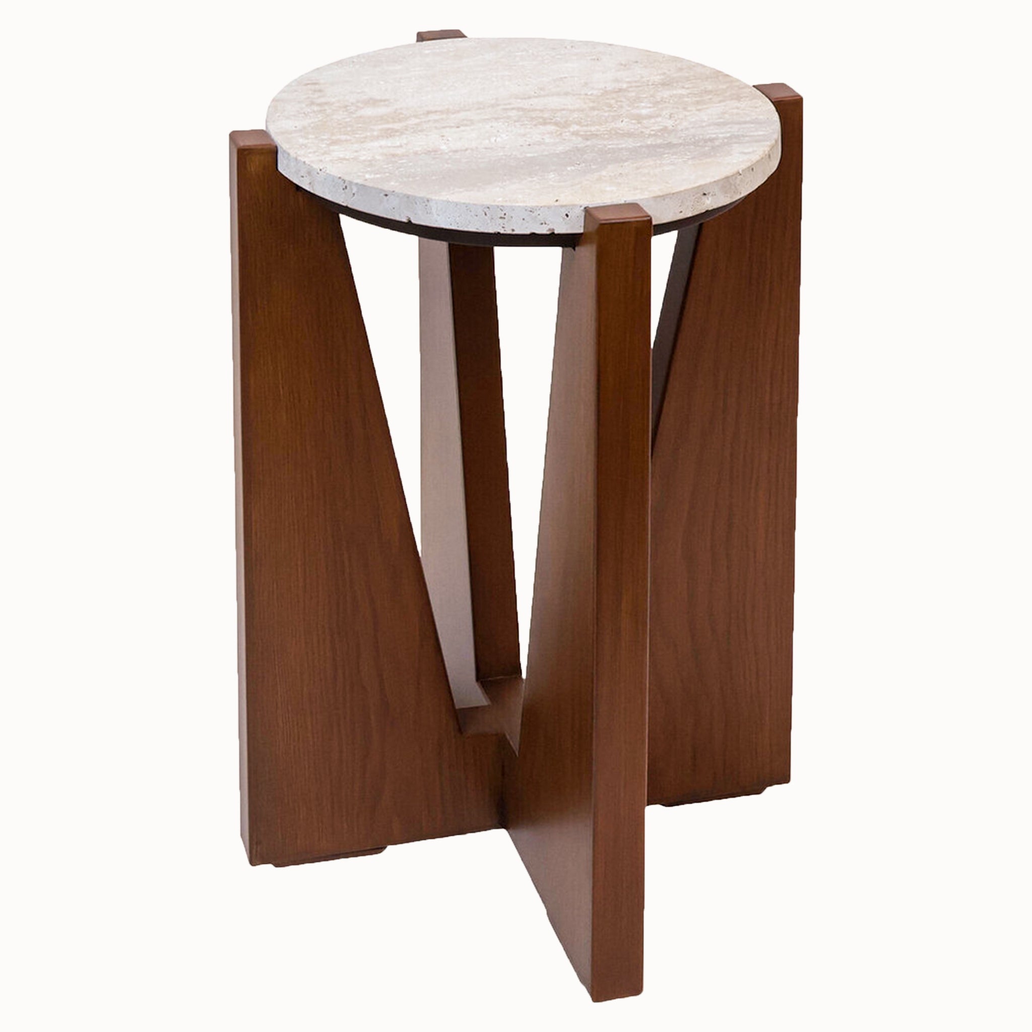 Soline round side table with natural travertine top and sculptural warm acacia wood frame shown on a white background
