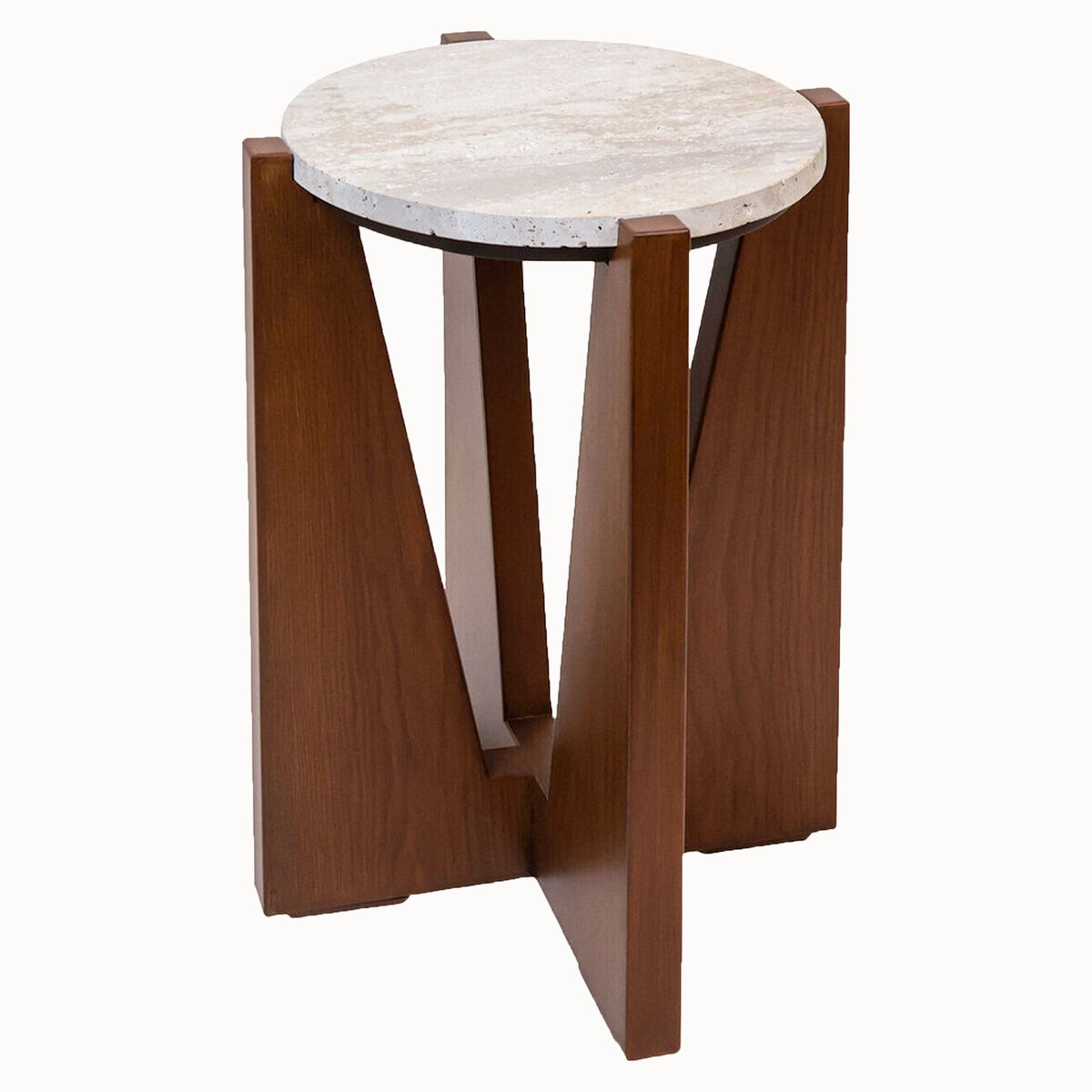 Soline round side table with natural travertine top and sculptural warm acacia wood frame shown on a white background