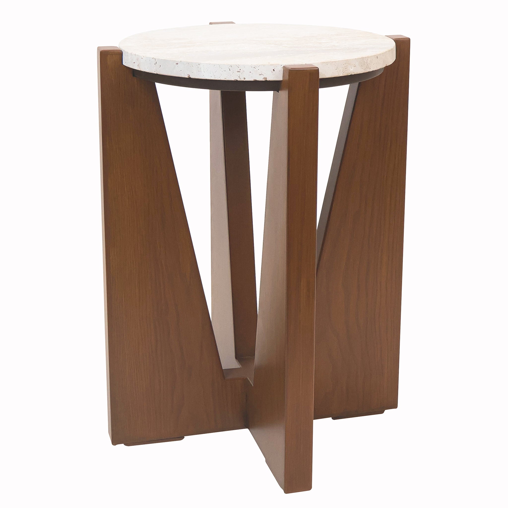 Three-quarter view of the Soline round side table with natural travertine top and geometric acacia wood frame on a white background