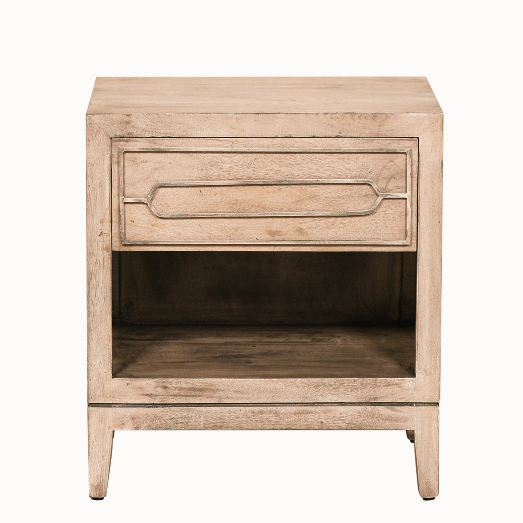 Front view of the Soline rustic mango wood bedside table with drawer and lower shelf, featuring a solid mango wood construction, single storage drawer and open shelf, ideal as a wooden bedside cabinet, nightstand or bedroom side table.