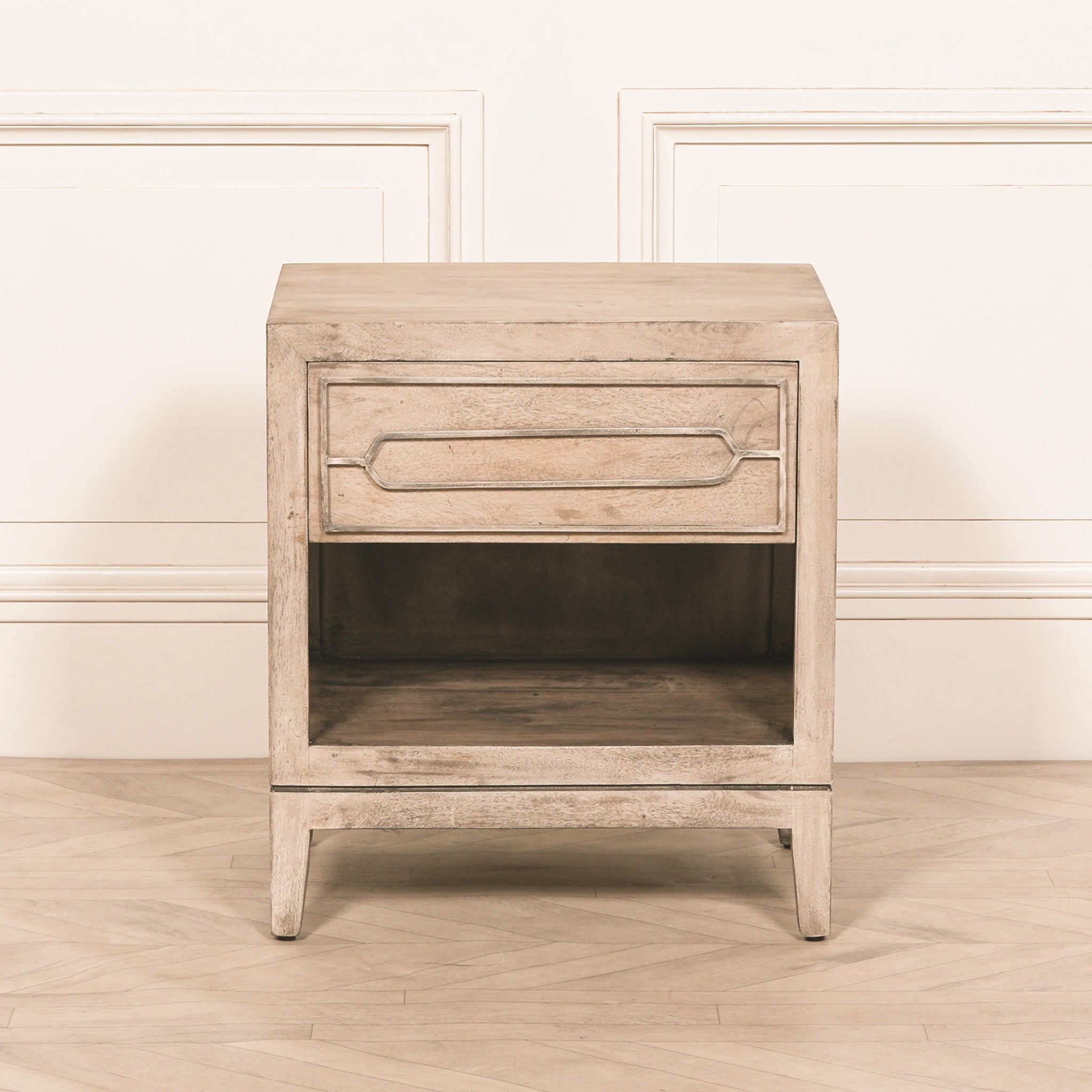 Front elevation of the Soline rustic mango wood bedside table highlighting the practical storage drawer, spacious lower shelf and rustic natural wood finish, perfect for modern rustic, farmhouse and contemporary bedrooms.
