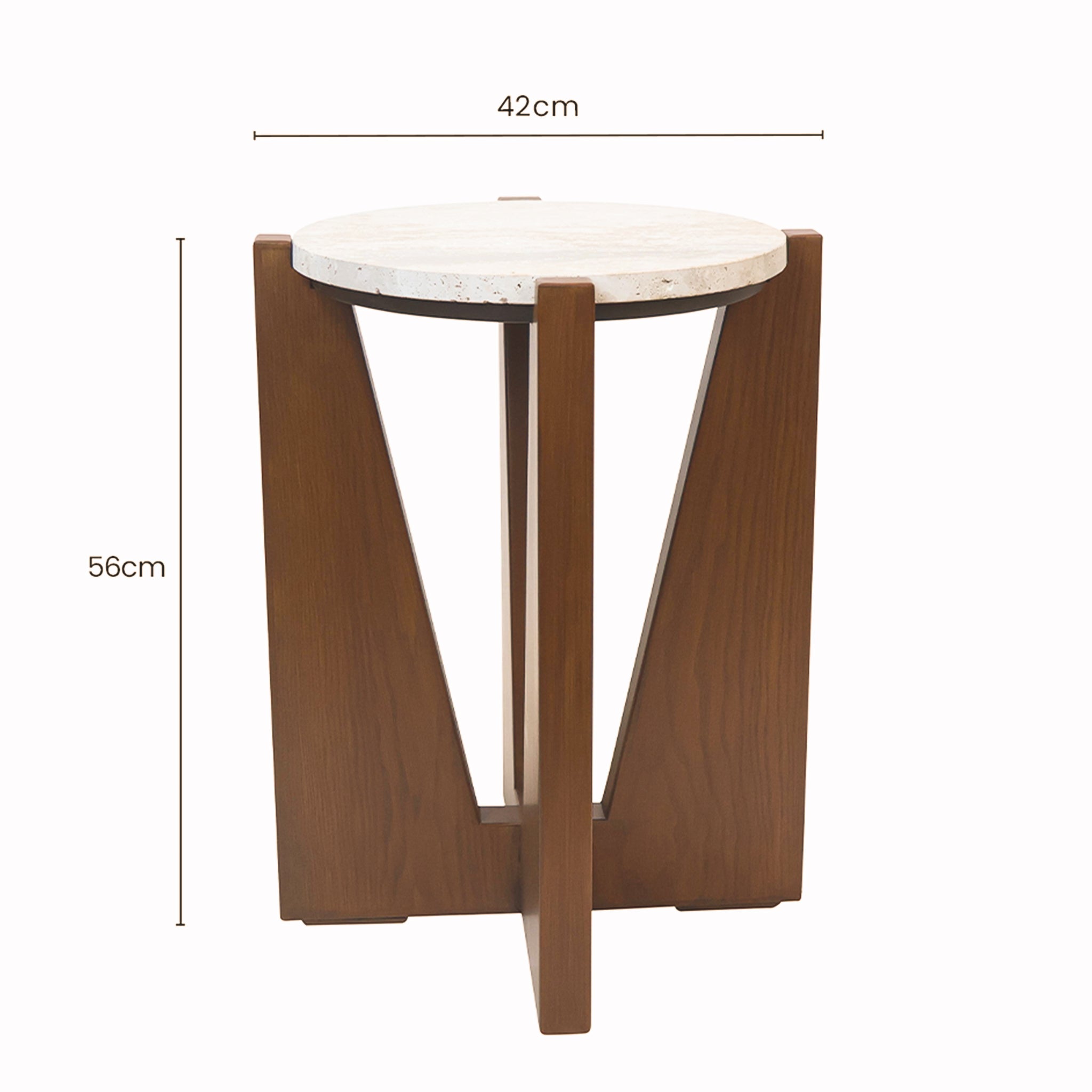 Soline Side Table dimensions showing a 42cm diameter round travertine top and 56cm height with sculptural acacia wood frame