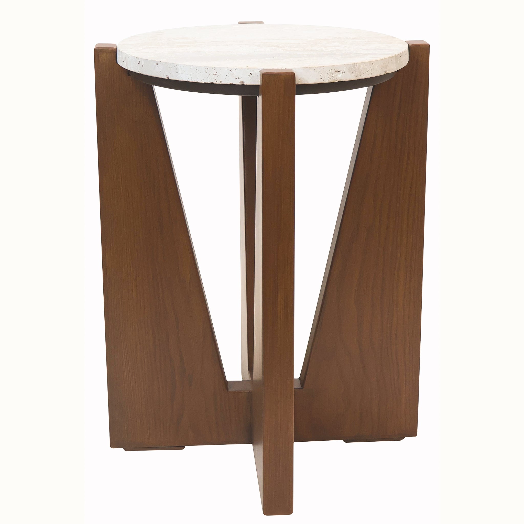 Front view of the Soline Side Table featuring a round natural travertine top and sculptural geometric acacia wood frame