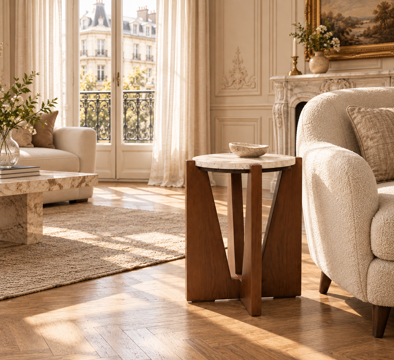 Travertine top side table with acacia wood frame in a bright living room with cream seating and a stone fireplace.