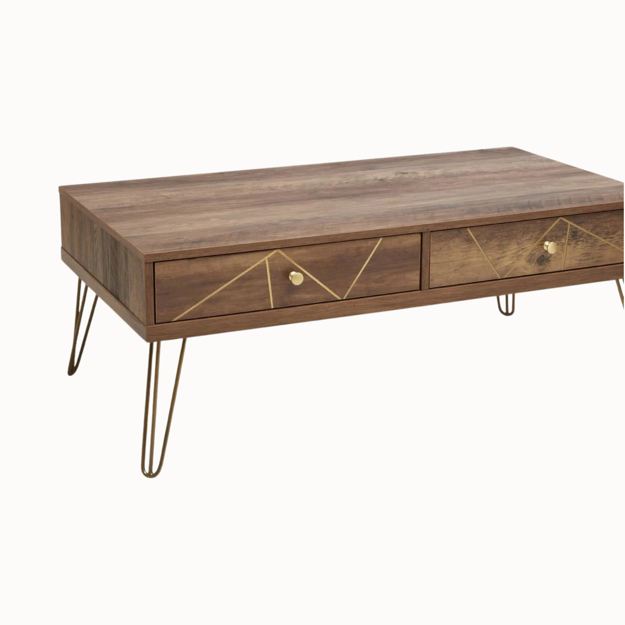 Soline wooden coffee table with two drawers, gold geometric inlay and hairpin legs on a white background.