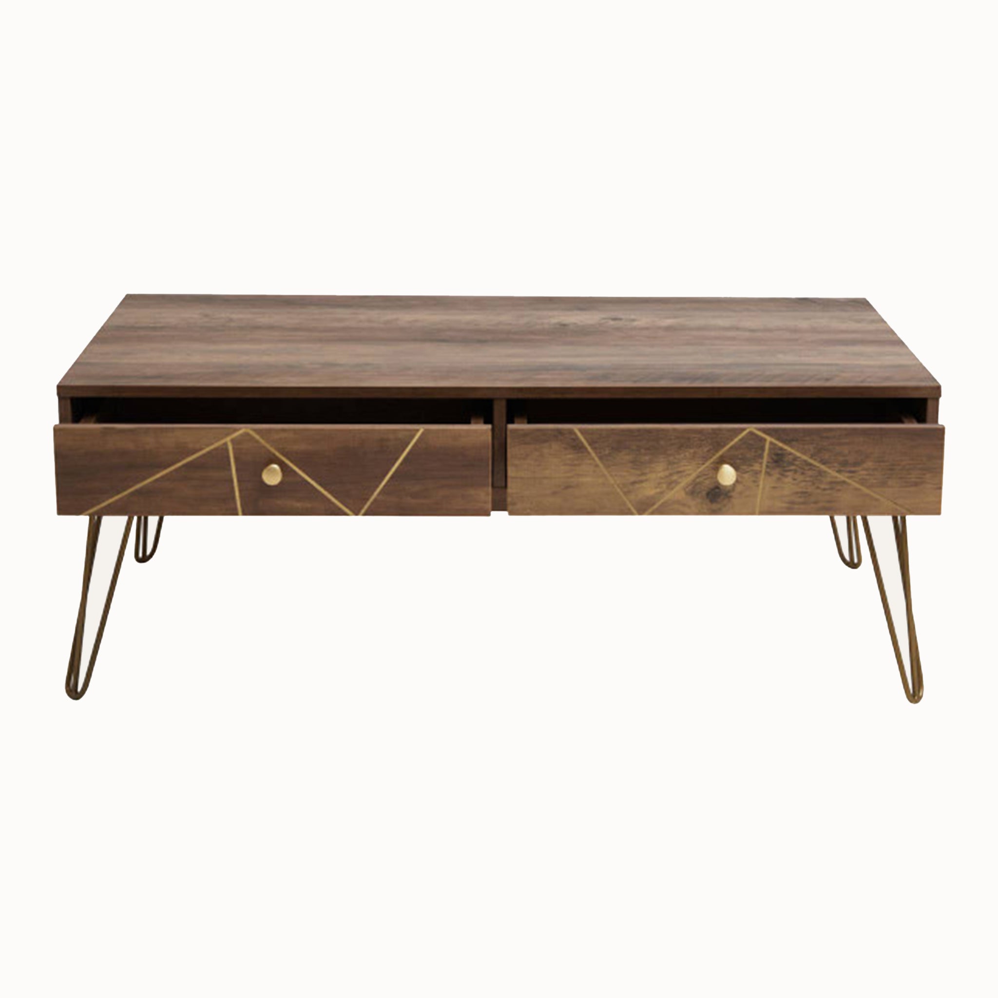 Soline Mid-Century Wooden Coffee Table with both storage drawers partially open, showing the internal drawer space, geometric gold fronts and gold hairpin legs.