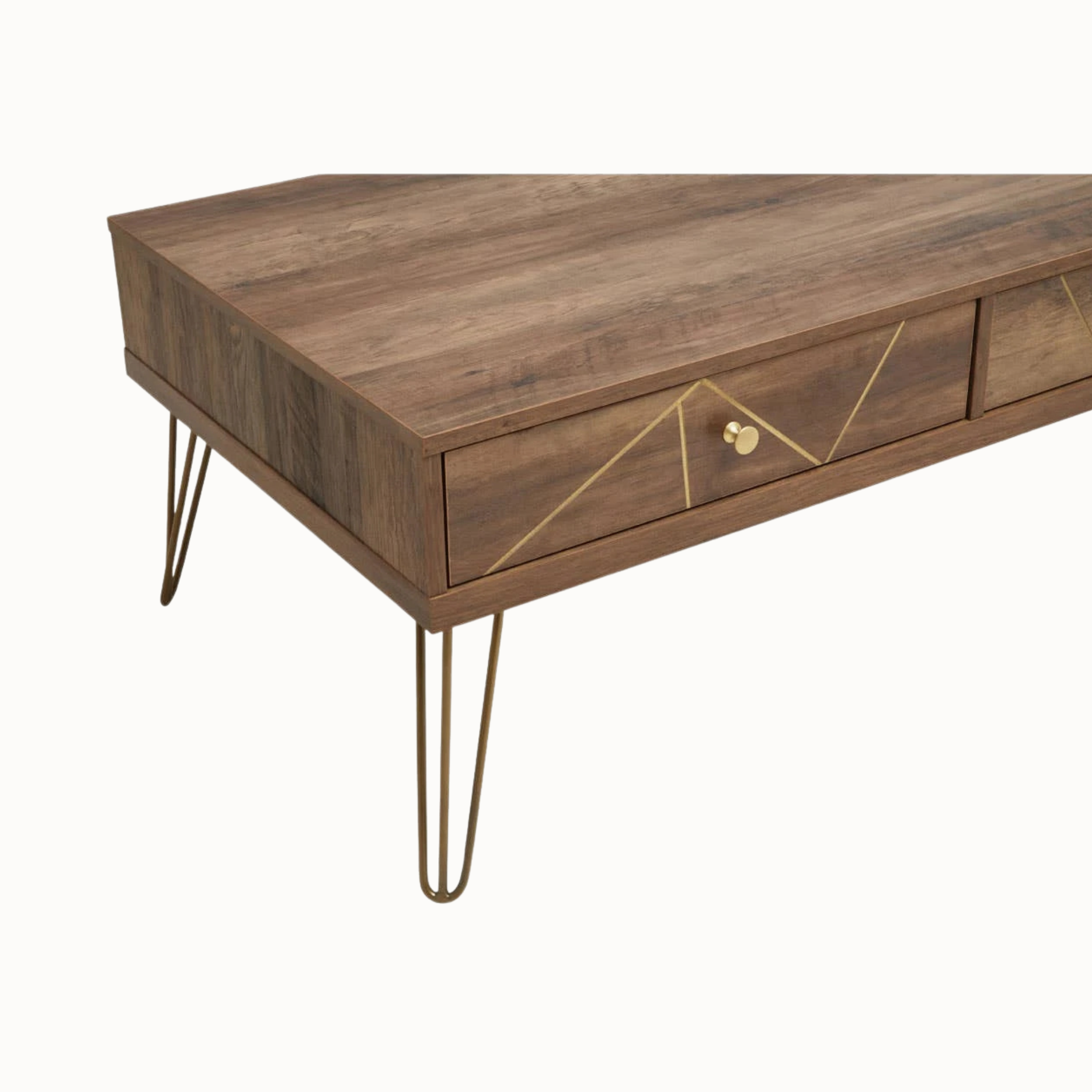 Three-quarter view of Soline two-drawer wooden coffee table with gold inlay and hairpin legs on white.