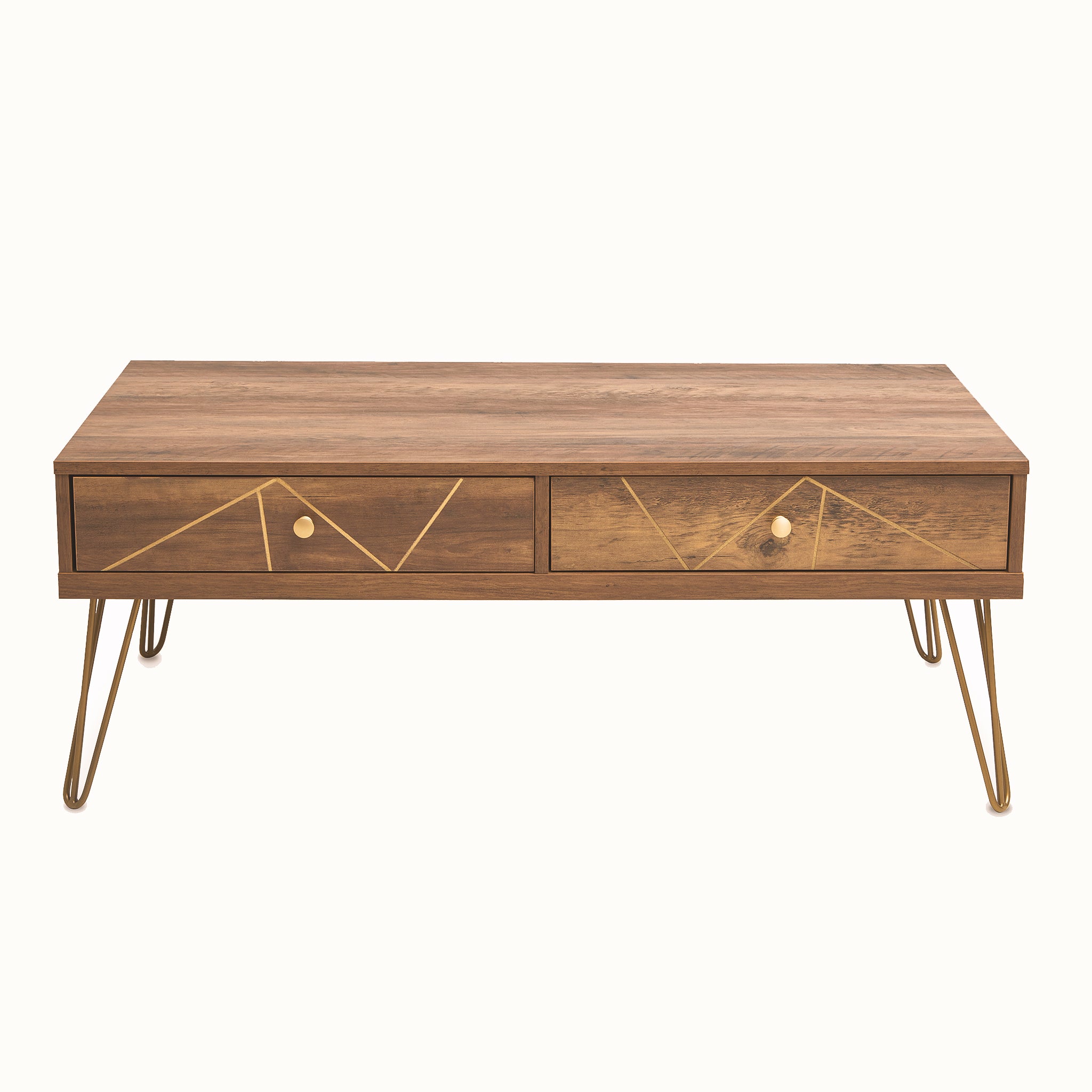 Front view of the Soline two-drawer wooden coffee table with geometric gold line detailing, round gold handles and tapered hairpin-style metal legs.