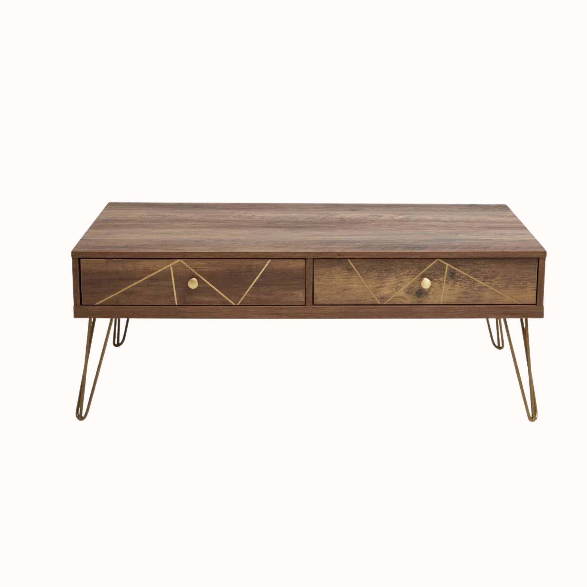 Soline two-drawer wooden coffee table with gold geometric inlay and hairpin legs on a white background.