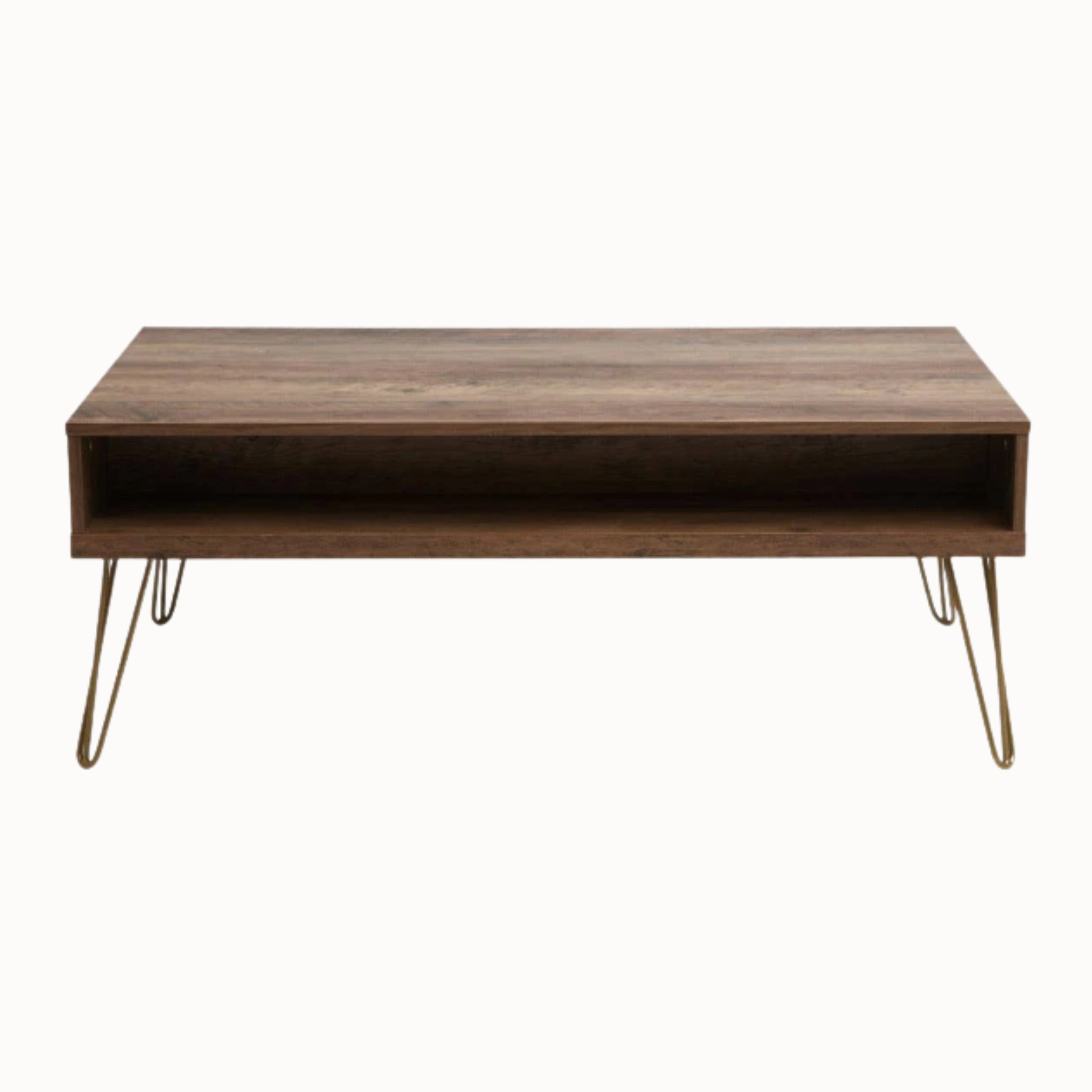 Back view of Soline wooden coffee table with open shelf detail and gold hairpin legs on a white background.
