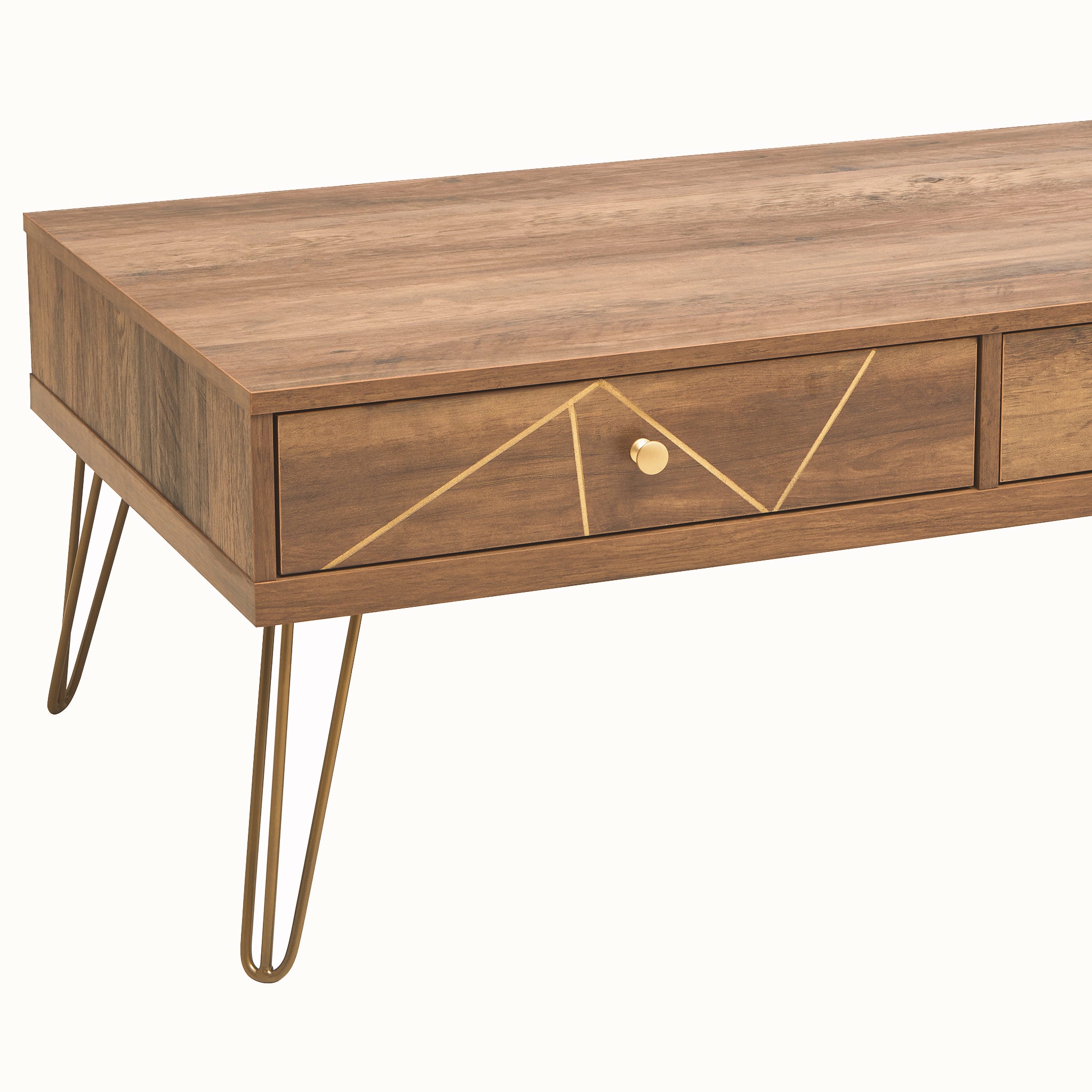 Side-angle view of the Soline wooden coffee table highlighting its two-drawer design, geometric gold accents, round metal handles and slender hairpin legs.