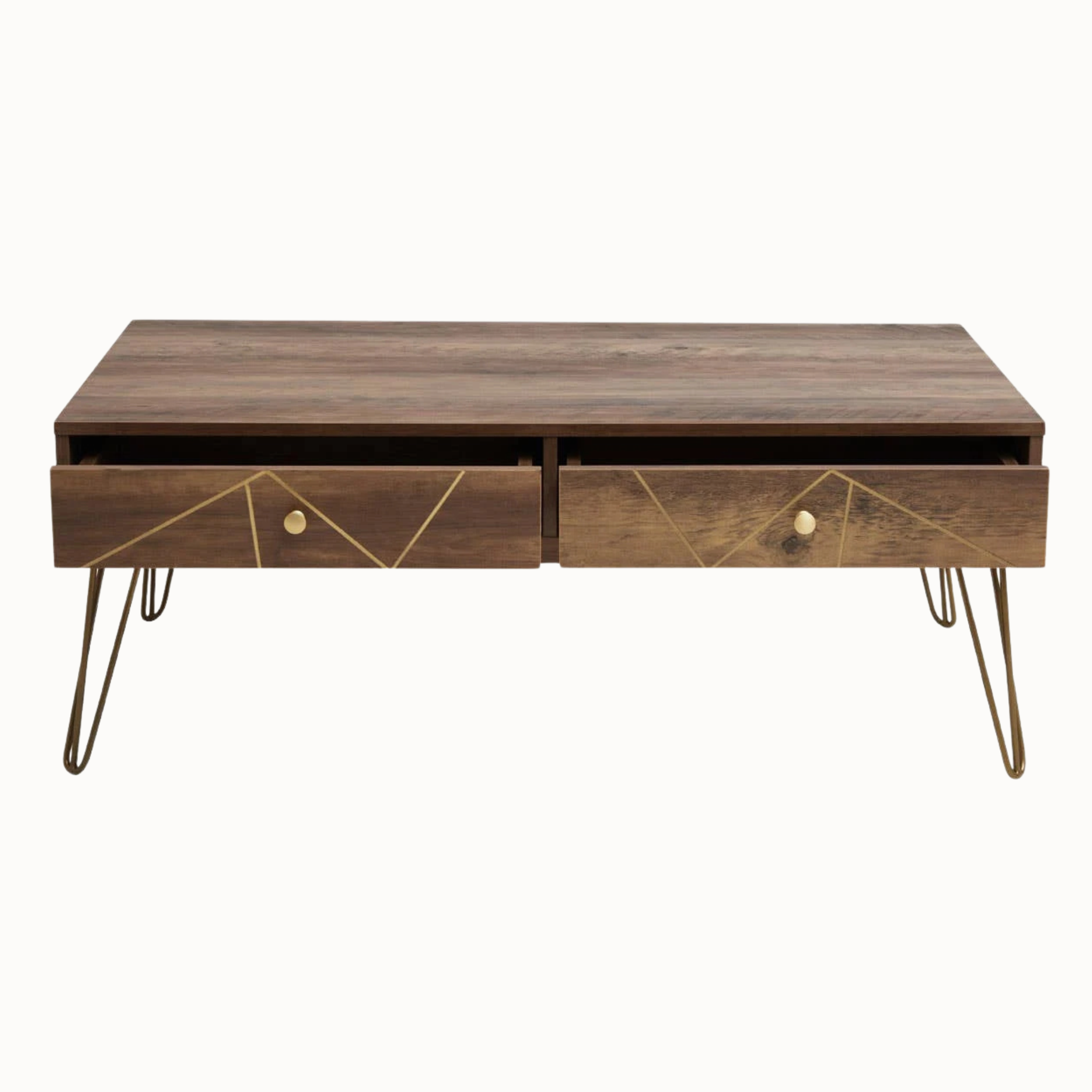 Soline coffee table with two open drawers, gold geometric inlay and slim hairpin legs on a white background.