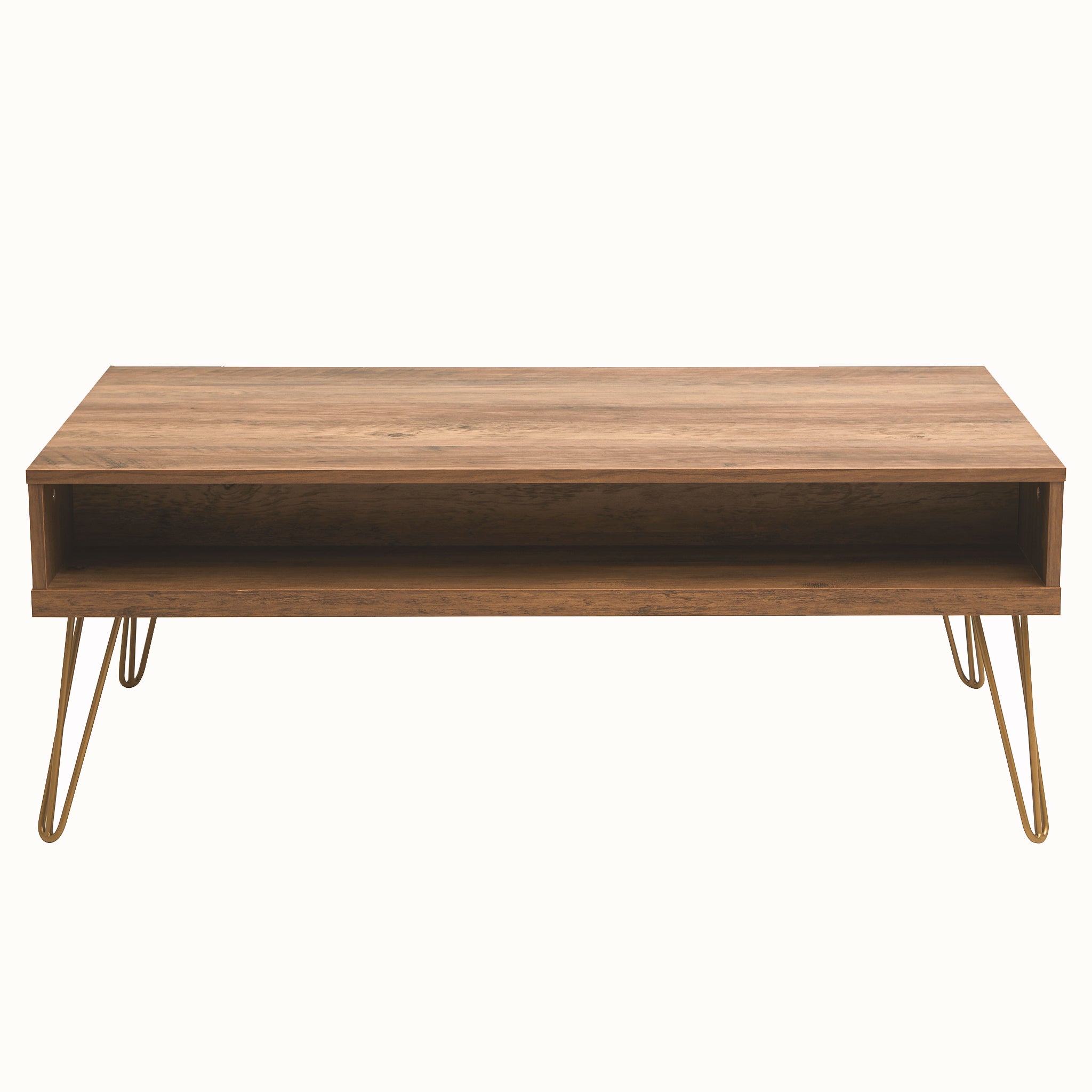 Rear view of the Soline wooden coffee table showing the long open storage compartment beneath the tabletop, warm wood-effect finish and gold metal hairpin legs.