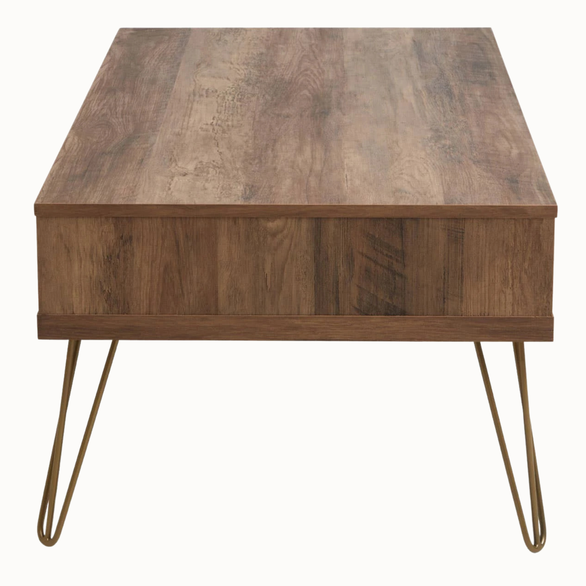 Rear view of Soline wooden coffee table with brown wood grain and gold hairpin legs on a white background.