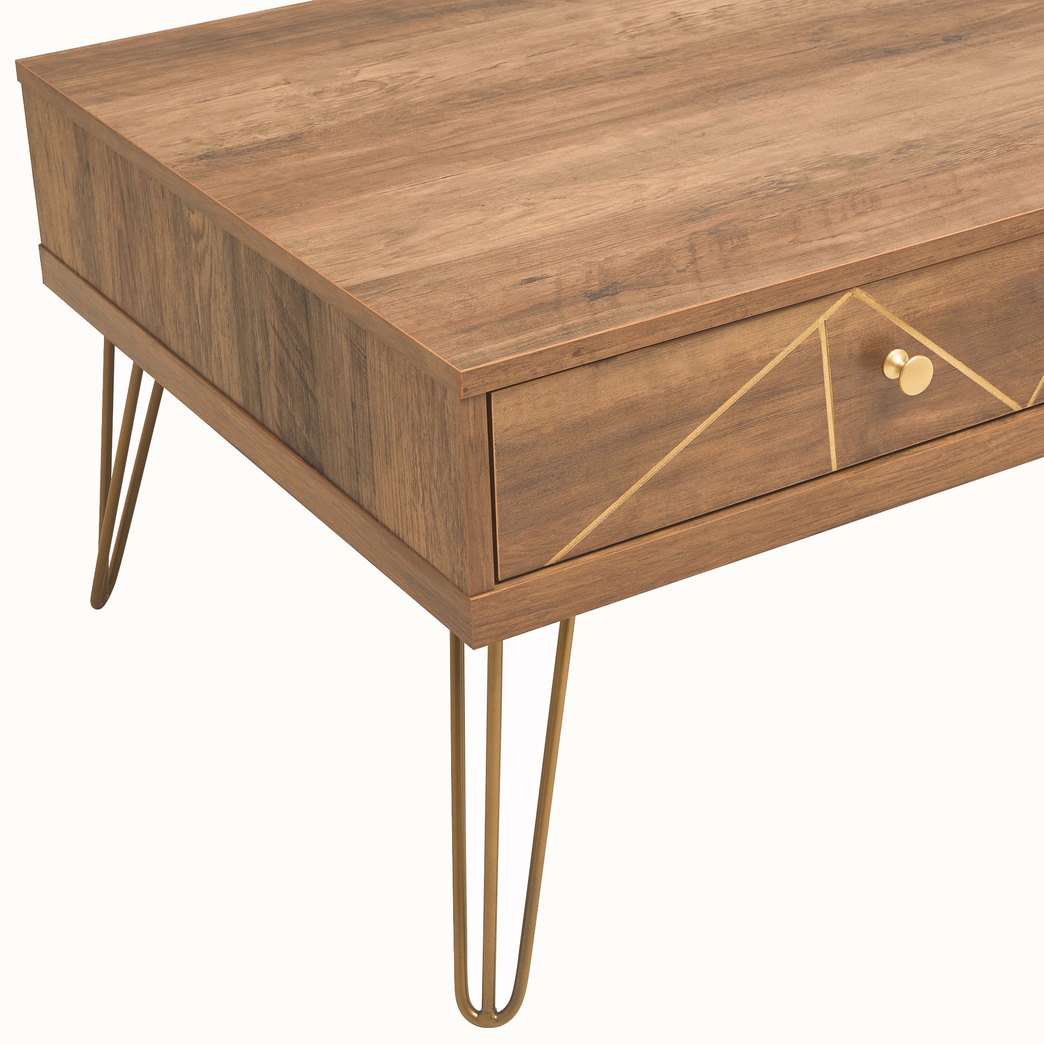 Angled close-up of the Soline wooden coffee table showing one of its storage drawers with geometric gold detailing, round handle and gold metal hairpin legs.