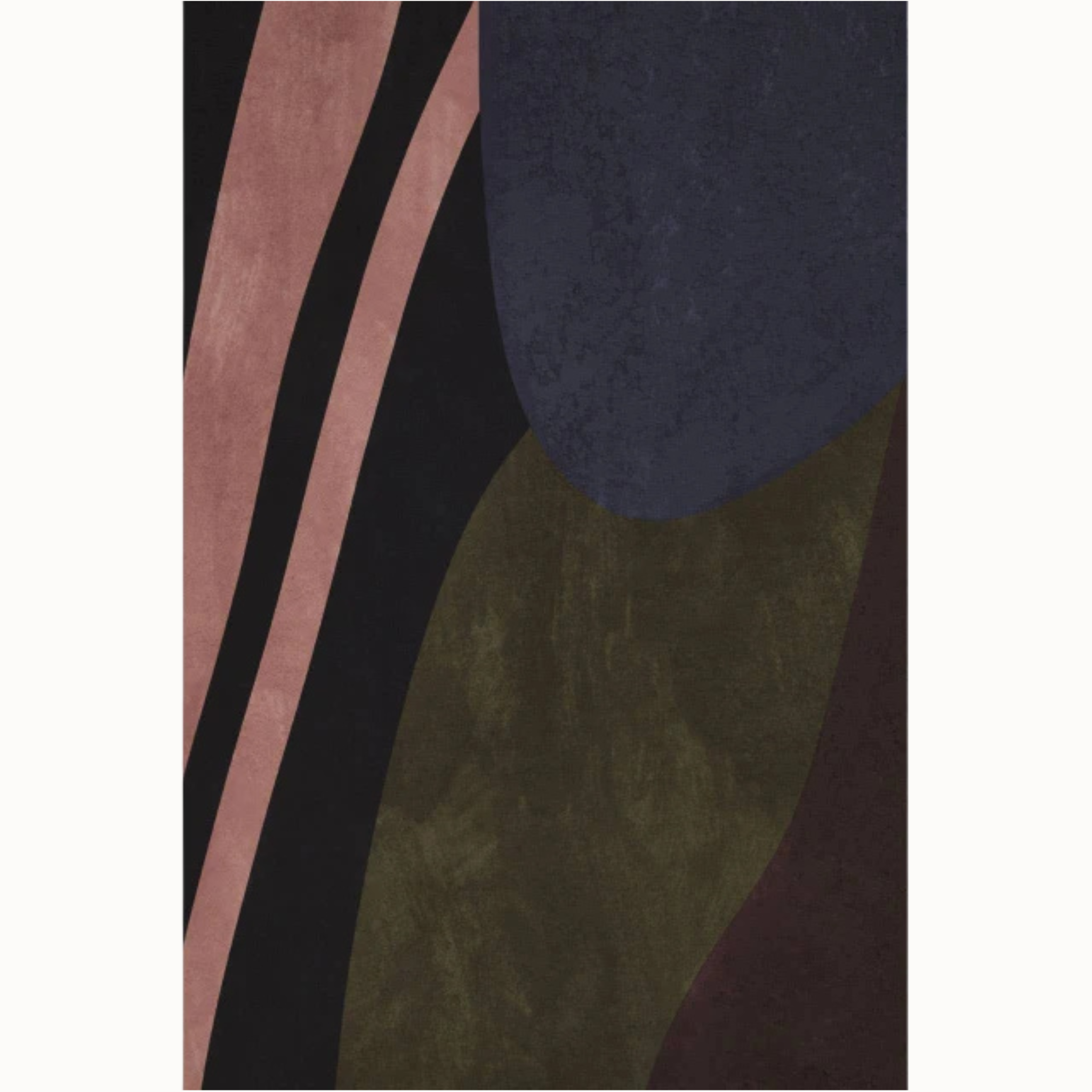 Close-up of Solinea abstract canvas with navy, olive, plum, blush and black organic shapes on white.