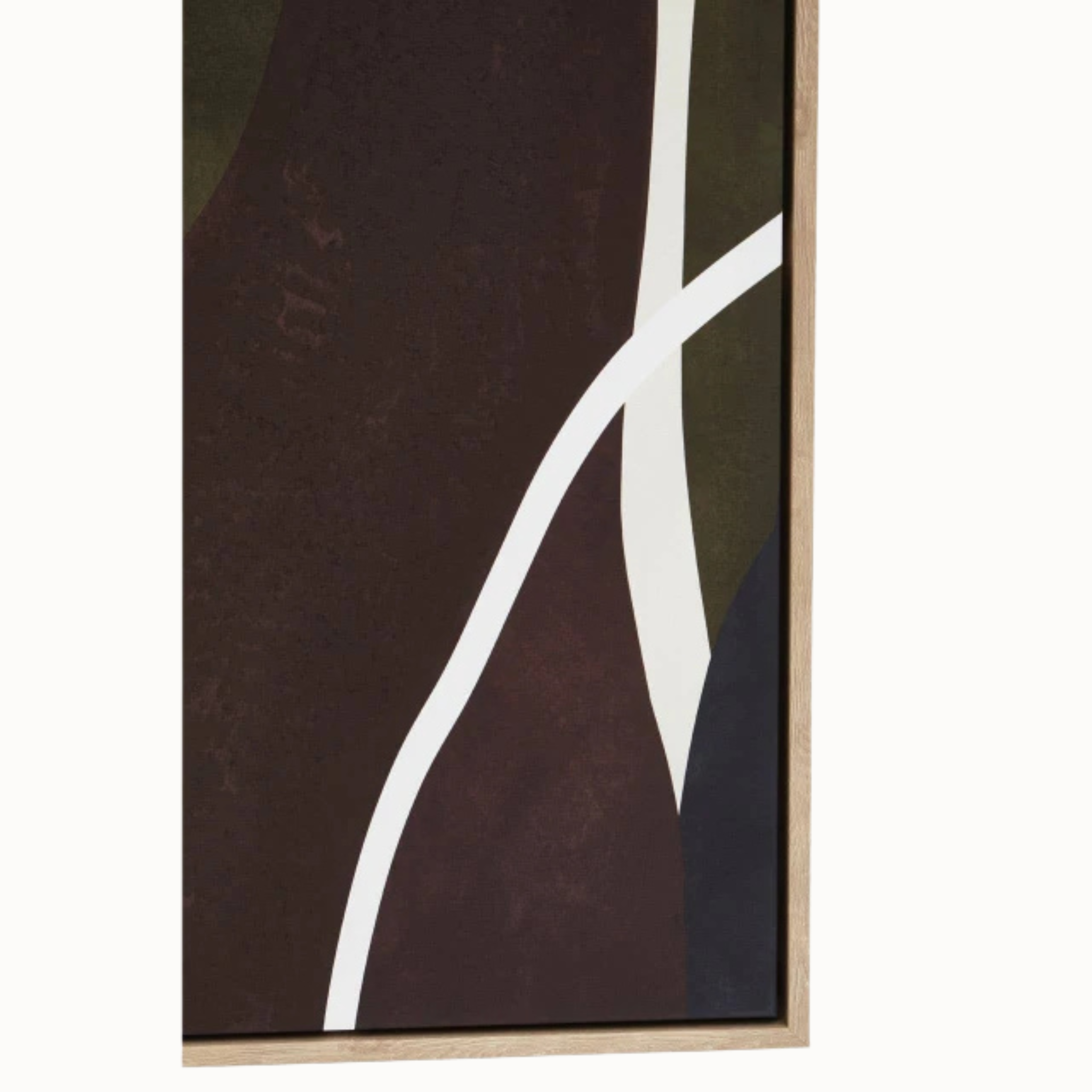 Close-up of Solinea canvas wall art with plum, olive, navy and white curved forms in a light wood frame.