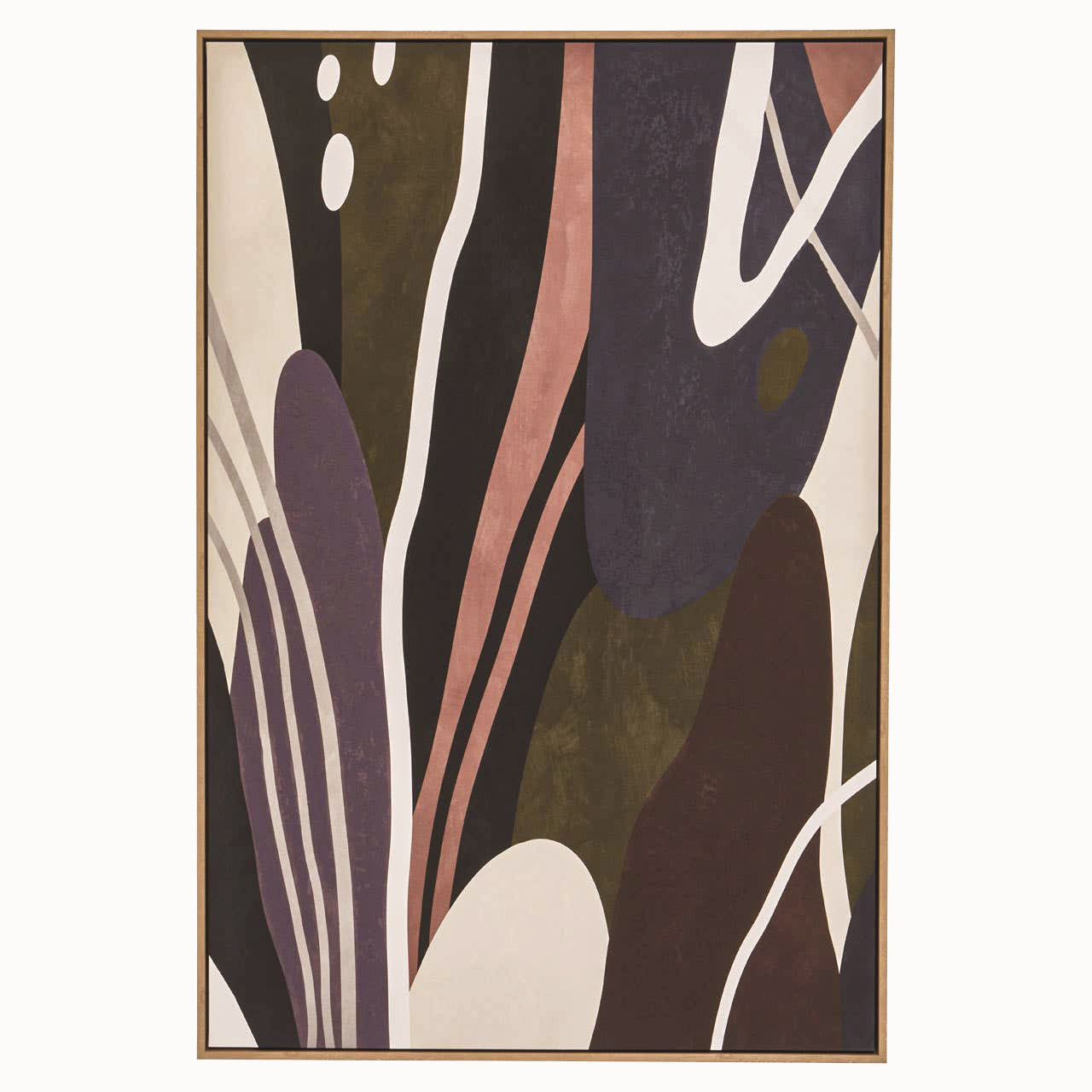 Front view of Solinea abstract canvas wall art featuring layered organic and geometric forms in olive green, deep plum, brown, black, cream and terracotta, finished with a slim natural wood-effect frame.