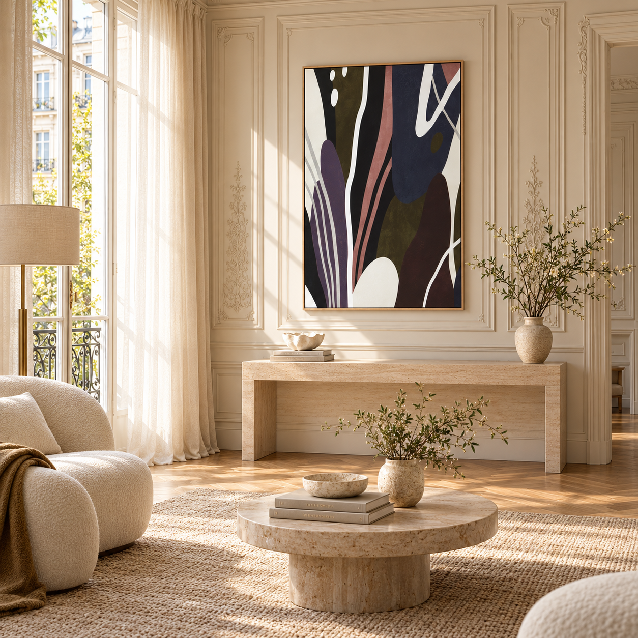 Abstract framed canvas wall art in a bright Parisian-style living room with cream walls and stone furniture.