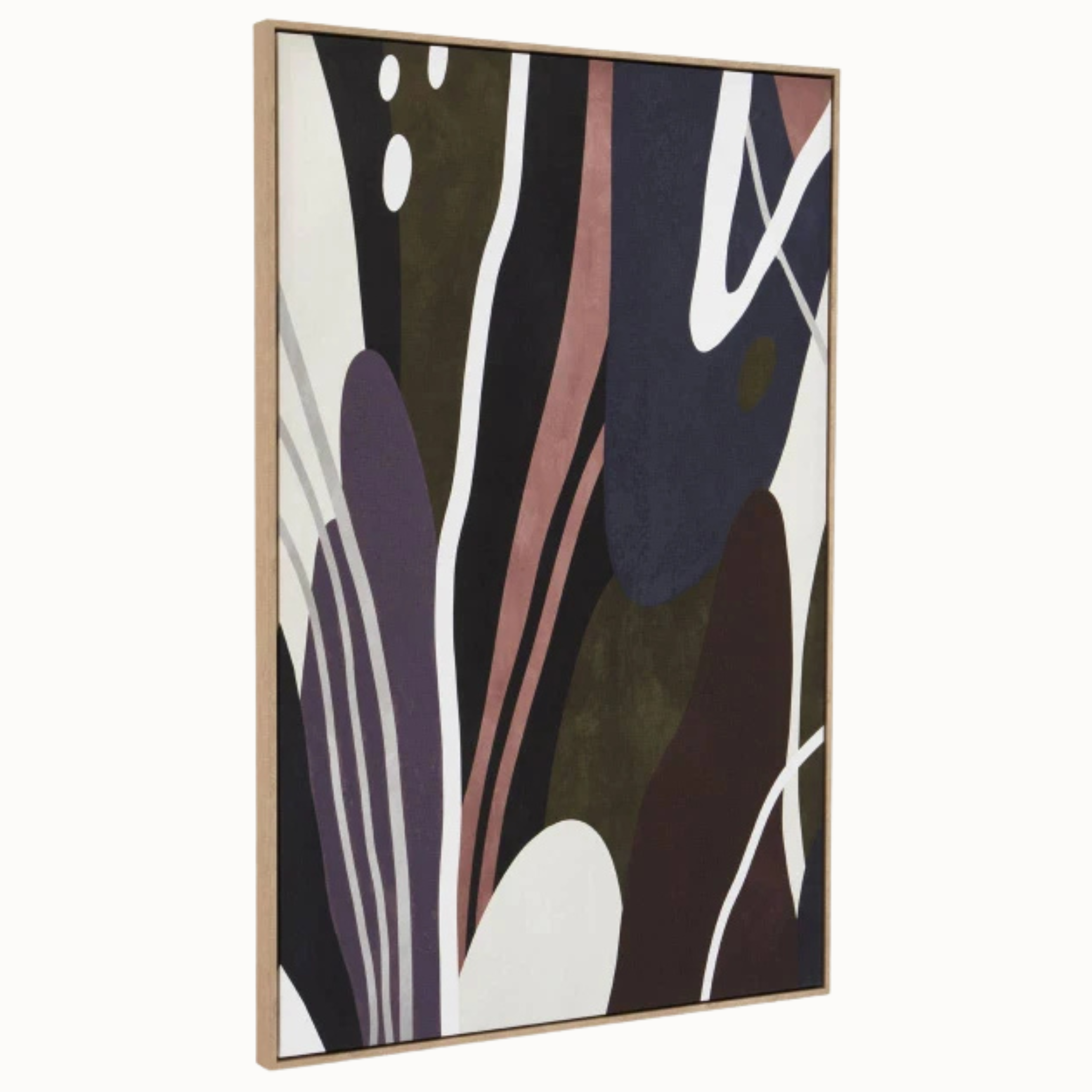 Angled view of Solinea abstract framed canvas wall art with navy, olive, plum and blush tones on white.