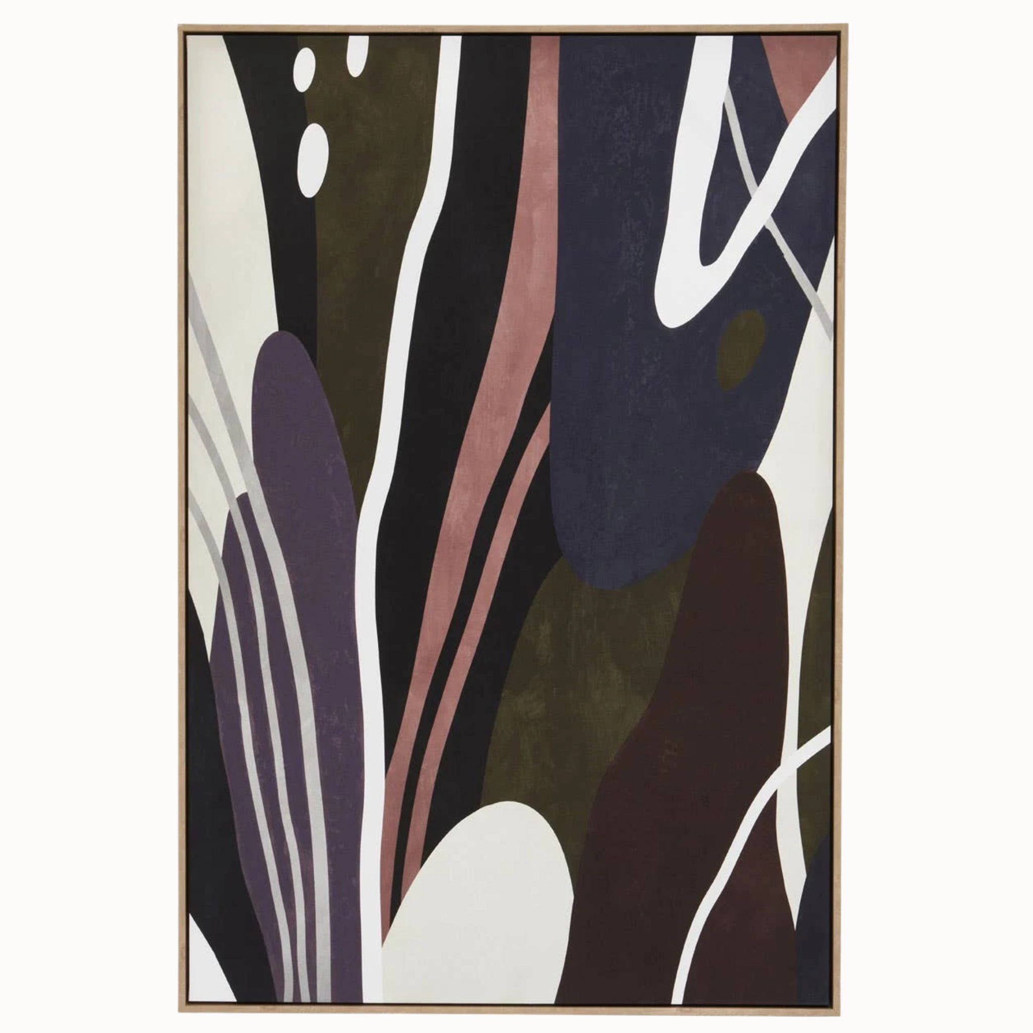 Solinea abstract wall art with navy, olive, plum, blush and white shapes in a light wood frame on white.