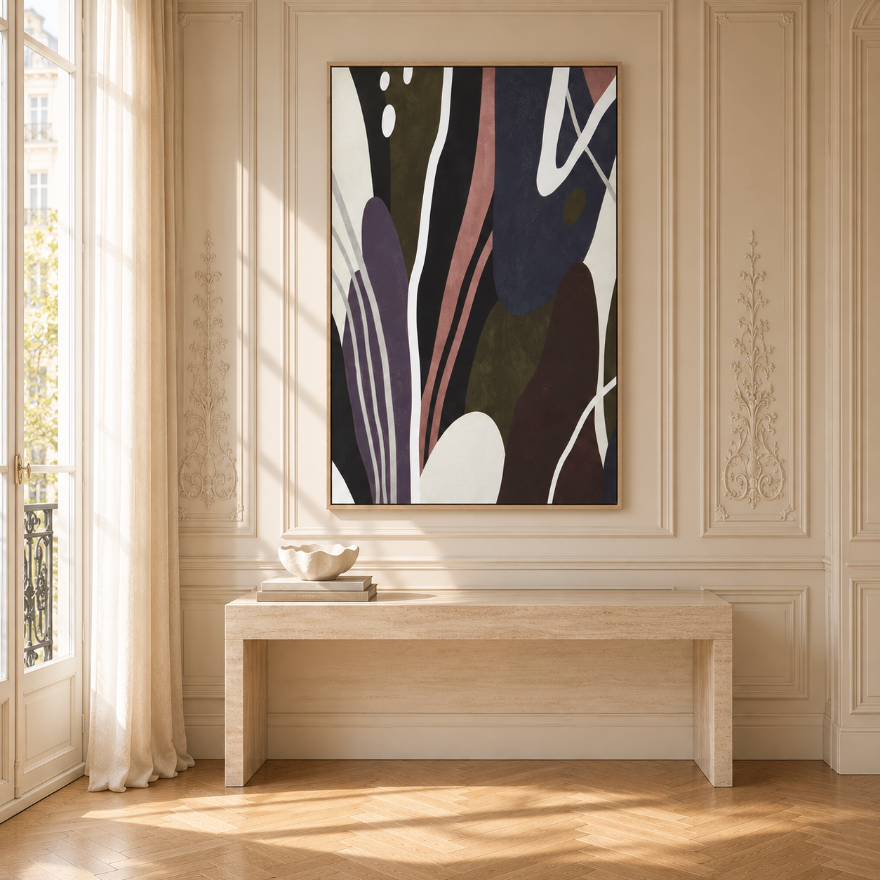 Solinea abstract canvas wall art in a sunlit cream living room above a stone console table.