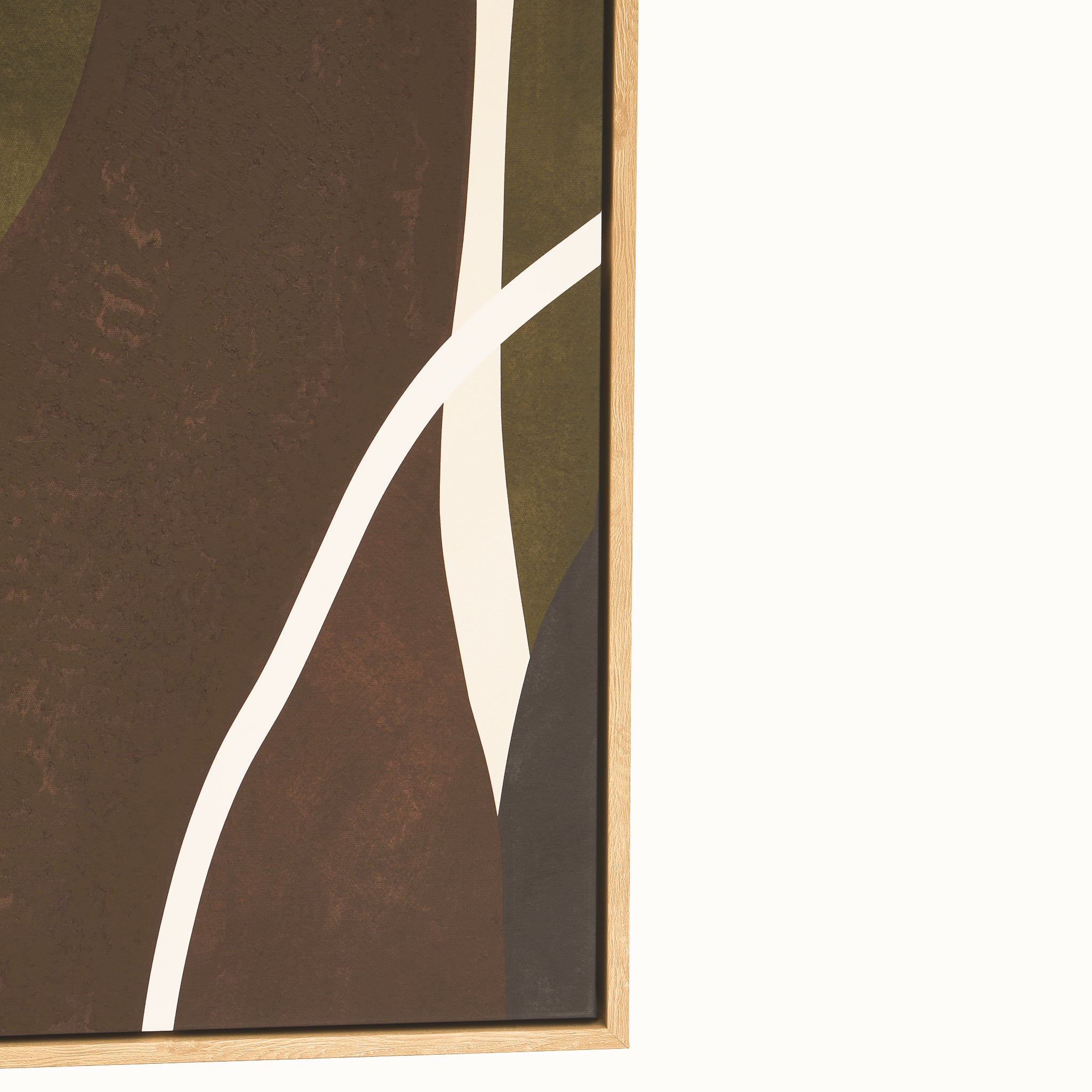 Close-up of the Solinea abstract wall art highlighting the textured canvas surface, sweeping cream lines, earthy brown and olive shapes and slim wood-effect frame construction.