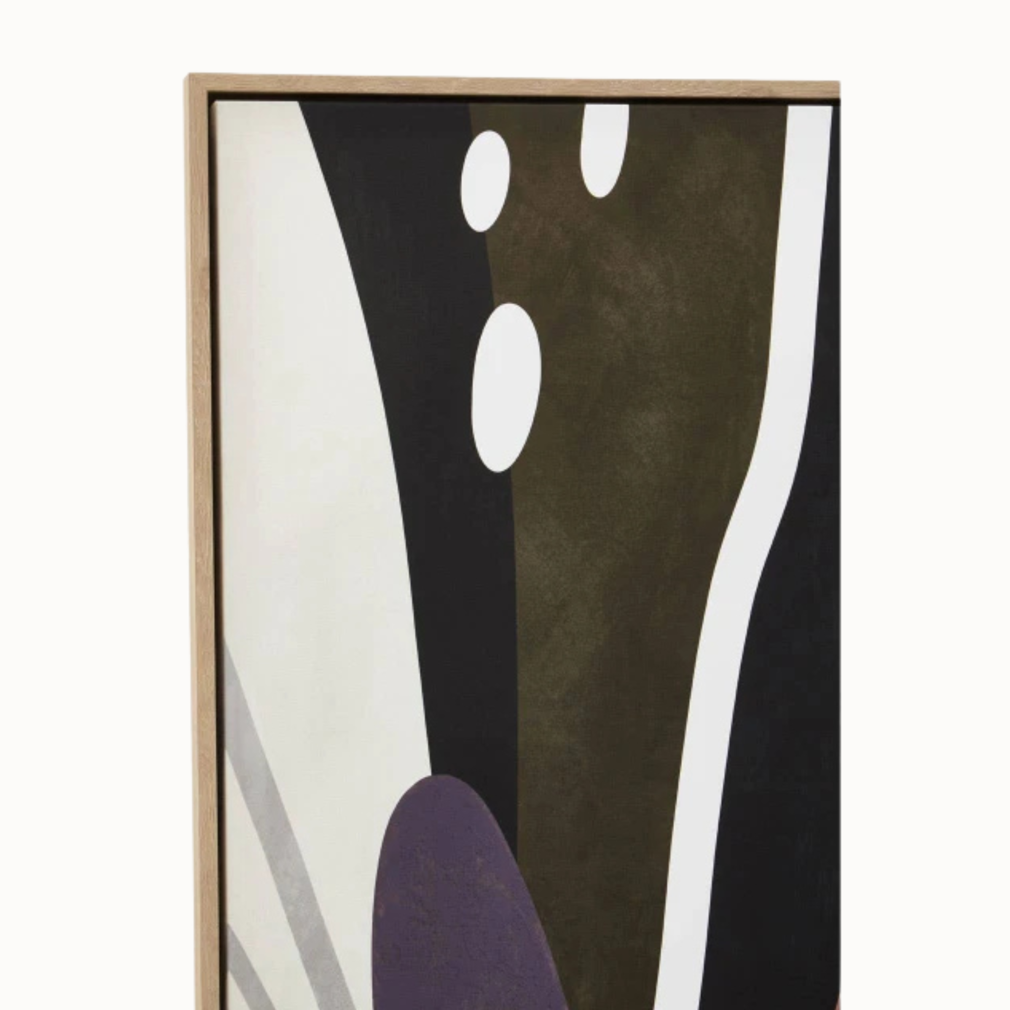 Close-up of Solinea abstract wall art with olive, black, purple and white forms in a light wood frame.