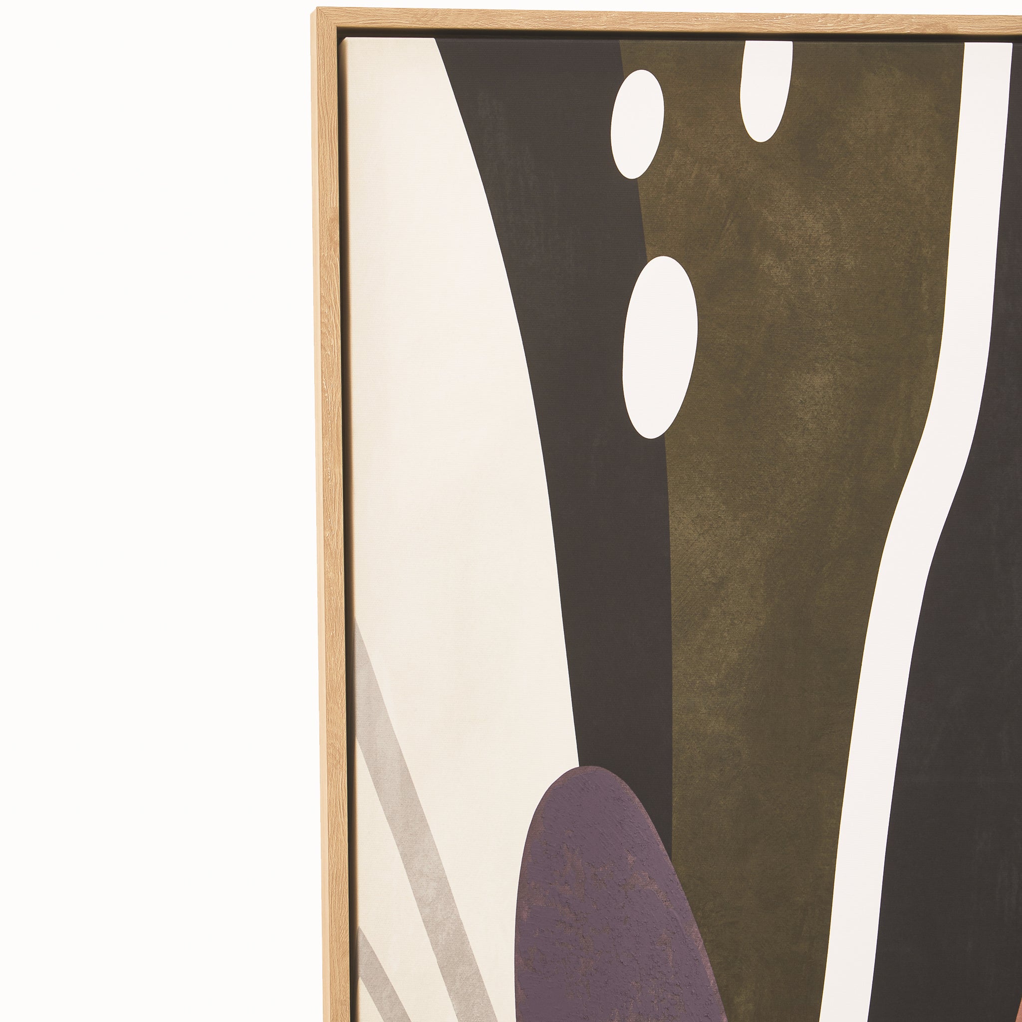 Close-up of Solinea contemporary abstract canvas wall art showing textured olive green, black and plum forms, contrasting cream curves and the slim natural wood-effect frame.
