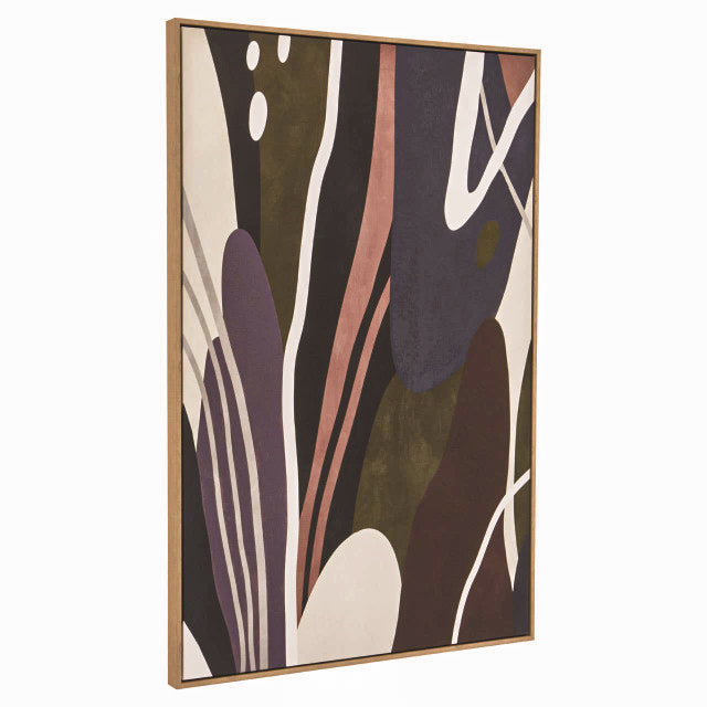 Angled view of the Solinea framed abstract canvas wall art, showing the slim wood-effect frame and contemporary composition of organic shapes in earthy olive, plum, brown, cream and terracotta tones.