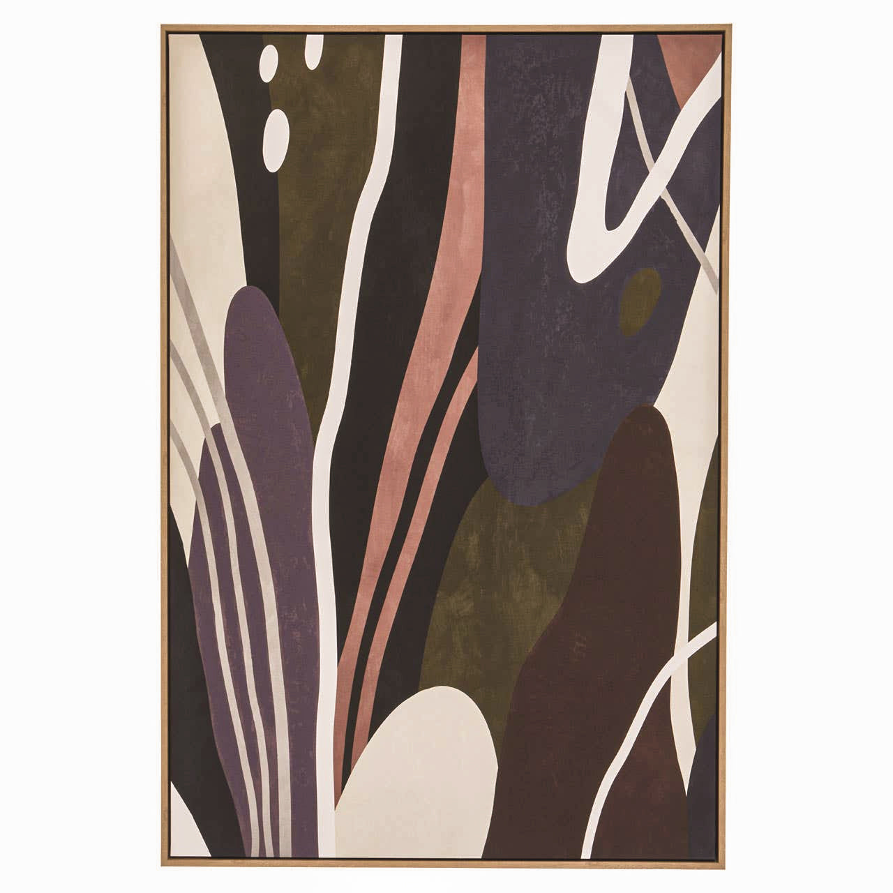 Full view of the Solinea large abstract canvas wall art featuring an expressive multi-colour composition of curved lines and organic geometric shapes in olive green, plum, brown, black, cream and muted terracotta.