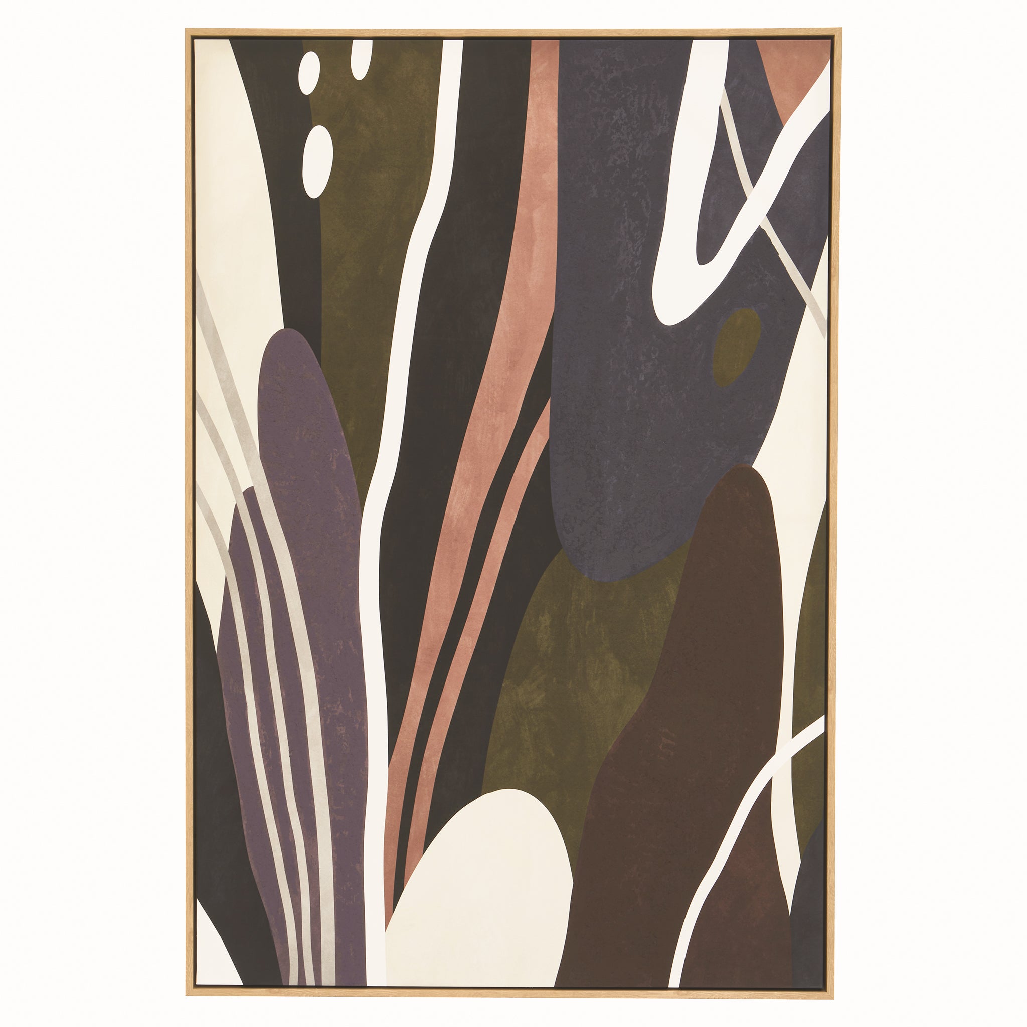 Solinea modern abstract wall art shown from the front, with sweeping cream lines and layered olive, plum, brown, black and terracotta shapes presented in a slim wood-effect frame.