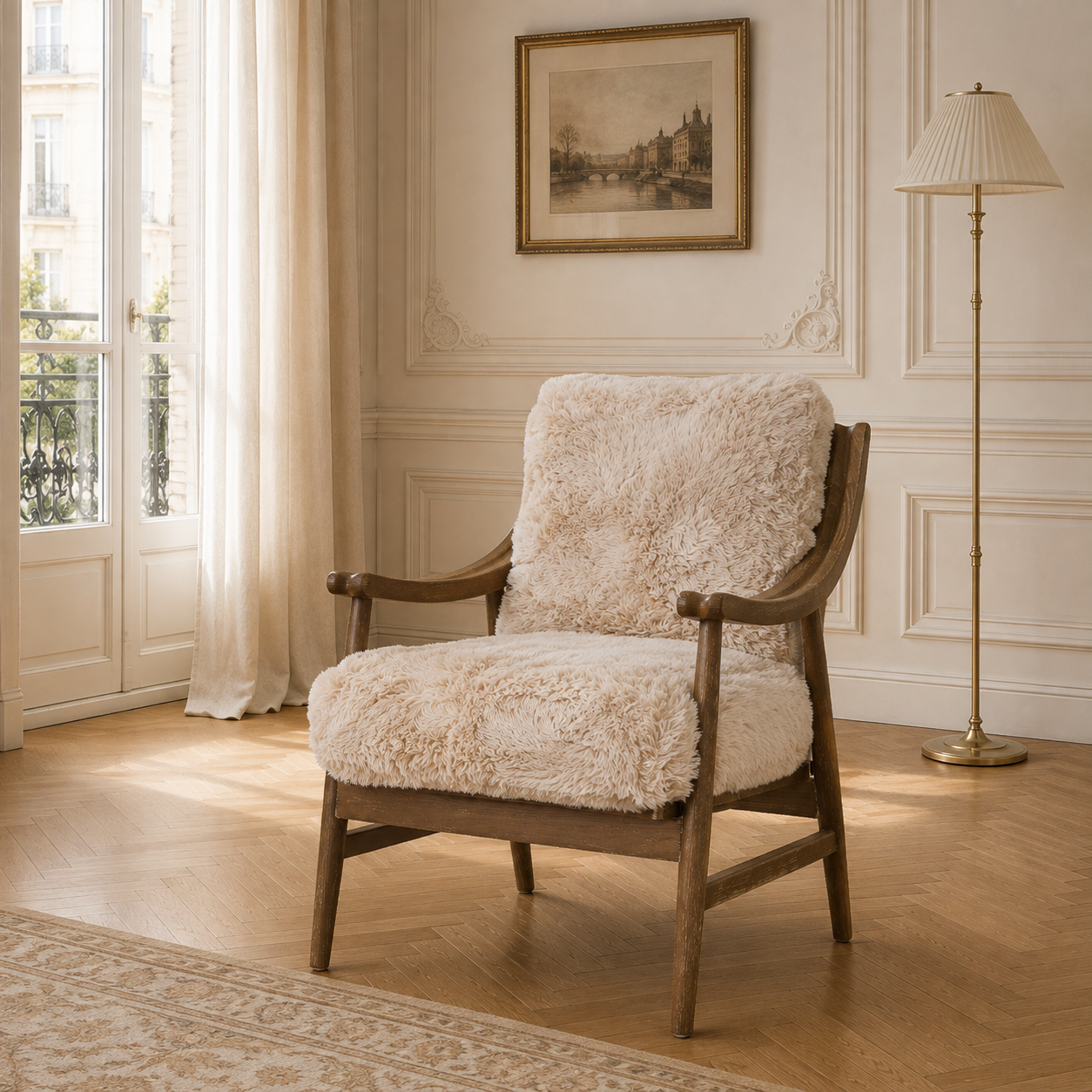 Struan solid oak accent chair with natural cream upholstery in a Parisian room with window, lamp and wood floor