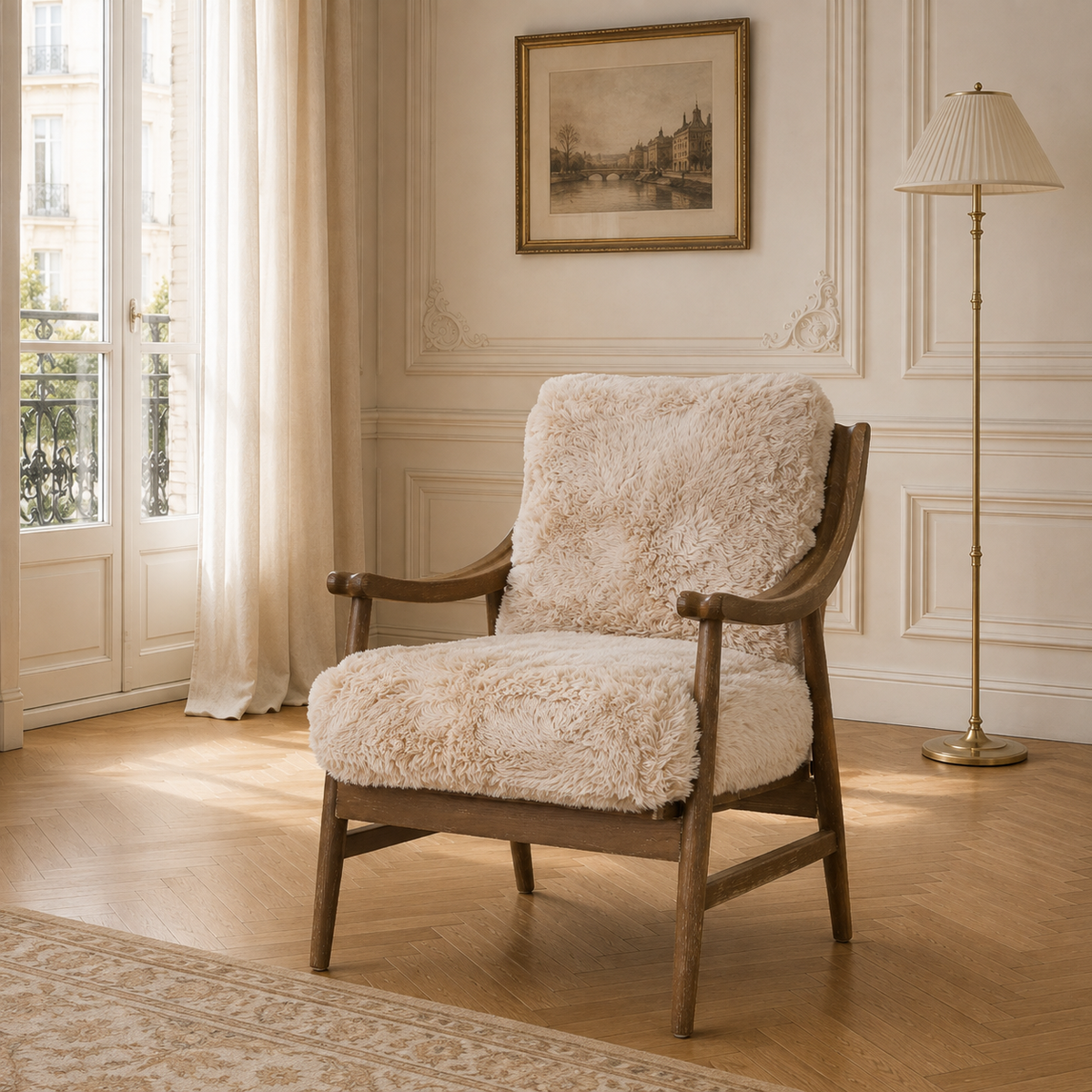 Struan solid oak accent chair with natural cream upholstery in a Parisian room with window, lamp and wood floor