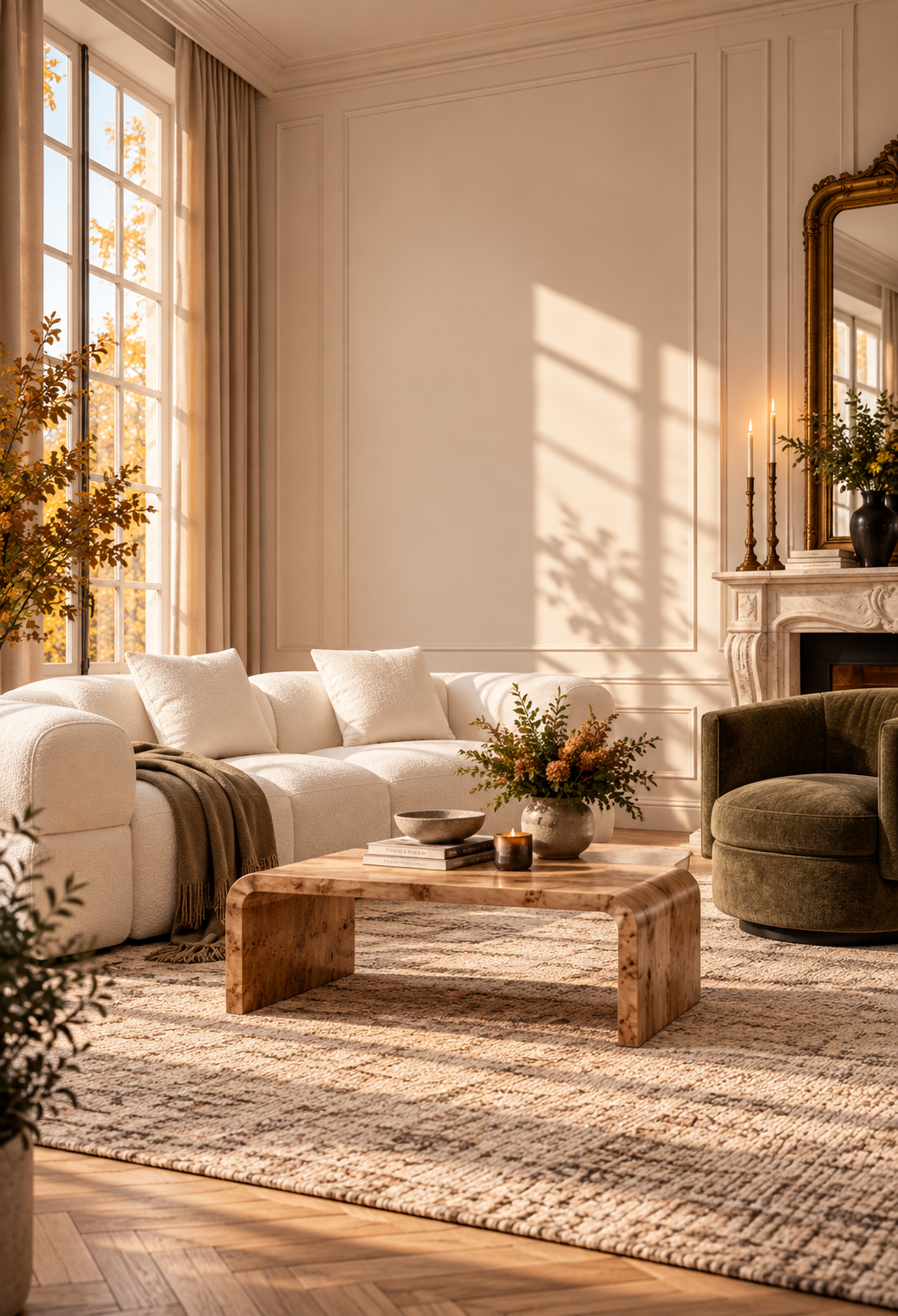 Autumn House mobile living room with cream sofa, green armchair and burl coffee table in a warm Parisian autumn interior.