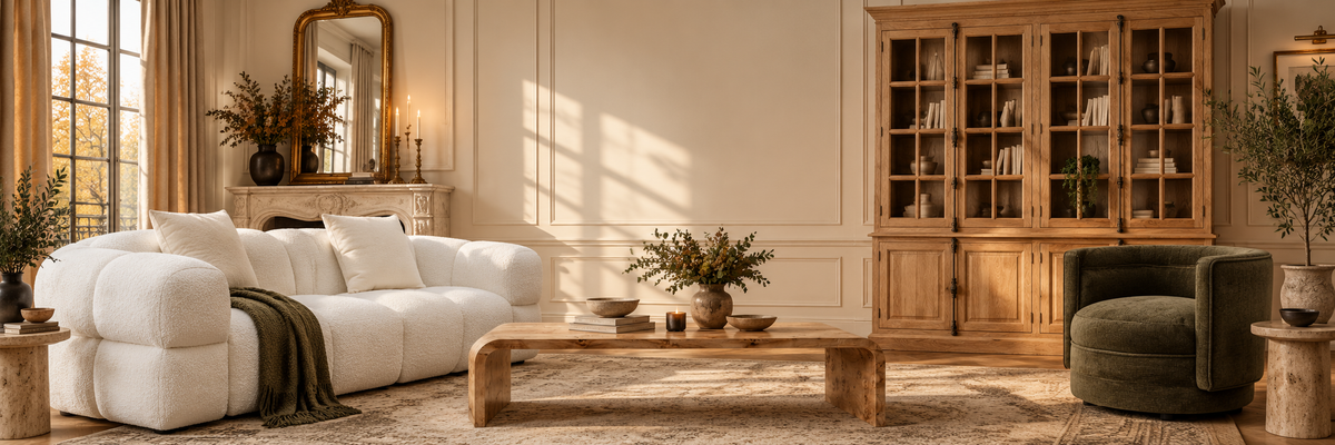 Autumn House living room with cream sofa, green armchair, burl coffee table and oak cabinet in warm Parisian autumn light.