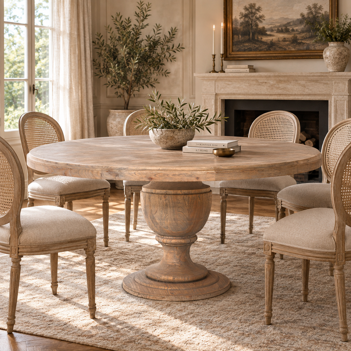 162cm large round rustic mango wood dining table for 6–8 in a sunlit dining room with cane chairs and fireplace.
