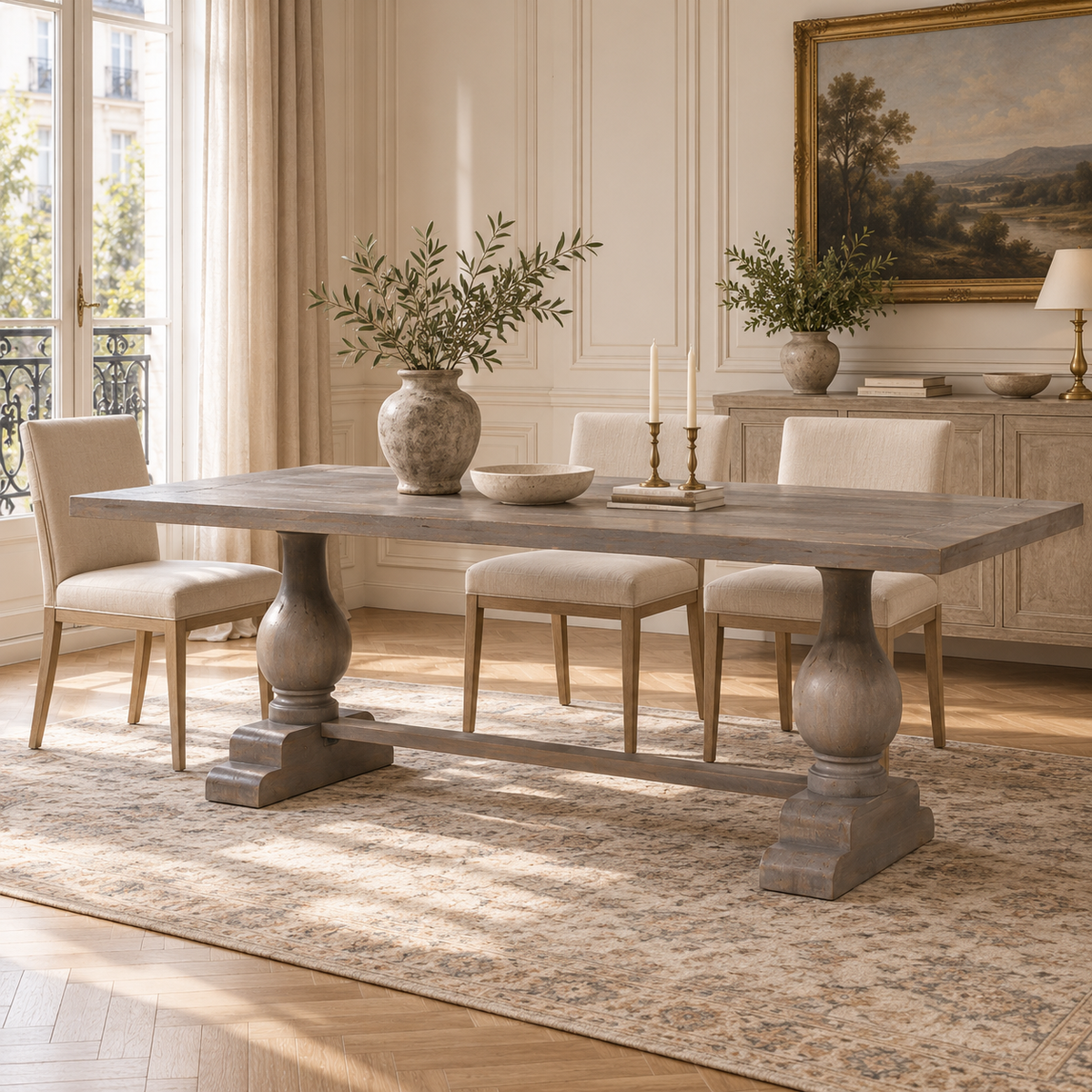 Théodore 210cm rustic mango wood dining table for 8–10, styled with cream chairs in a sunlit French dining room
