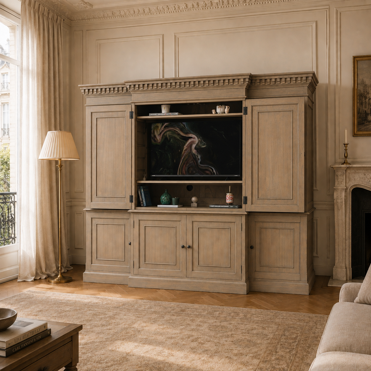 Théodore rustic white cedar hidden TV cabinet open with television in a Parisian living room with fireplace and rug.