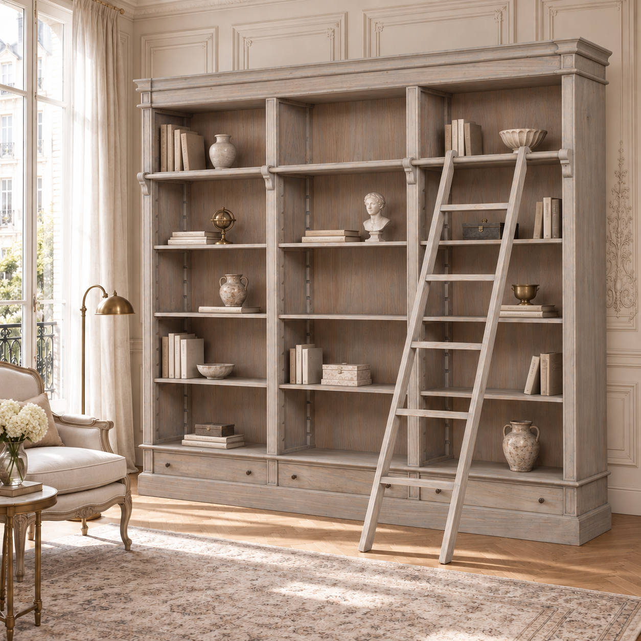 Théodore extra large library bookcase with ladder in rustic white cedar, styled in a sunlit French living room with armchair.
