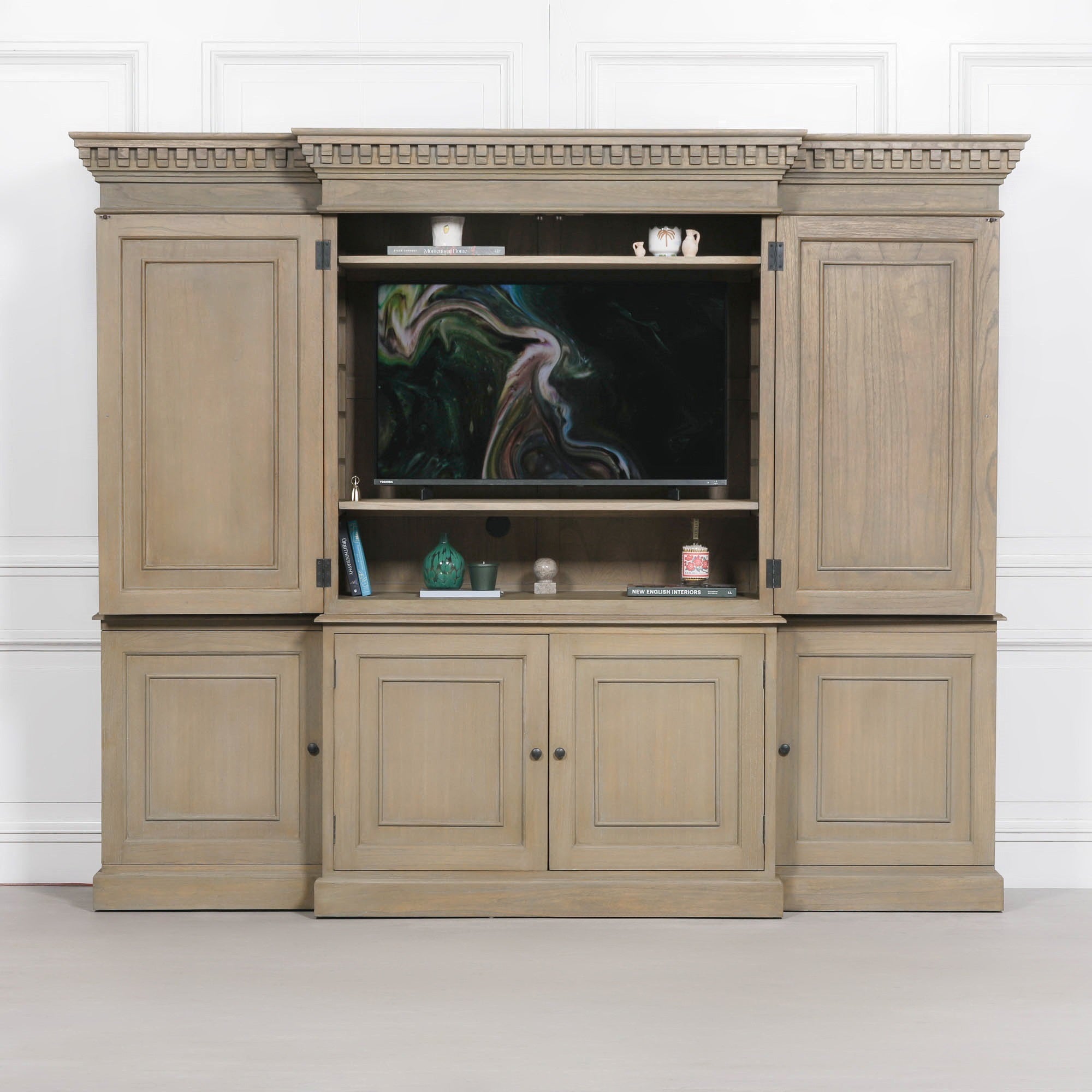 Théodore Extra Large Triple Breakfront TV Cabinet in Rustic White Cedar Wood styled as a luxury entertainment unit with integrated television, spacious shelving, enclosed storage cupboards and classic architectural breakfront design.
