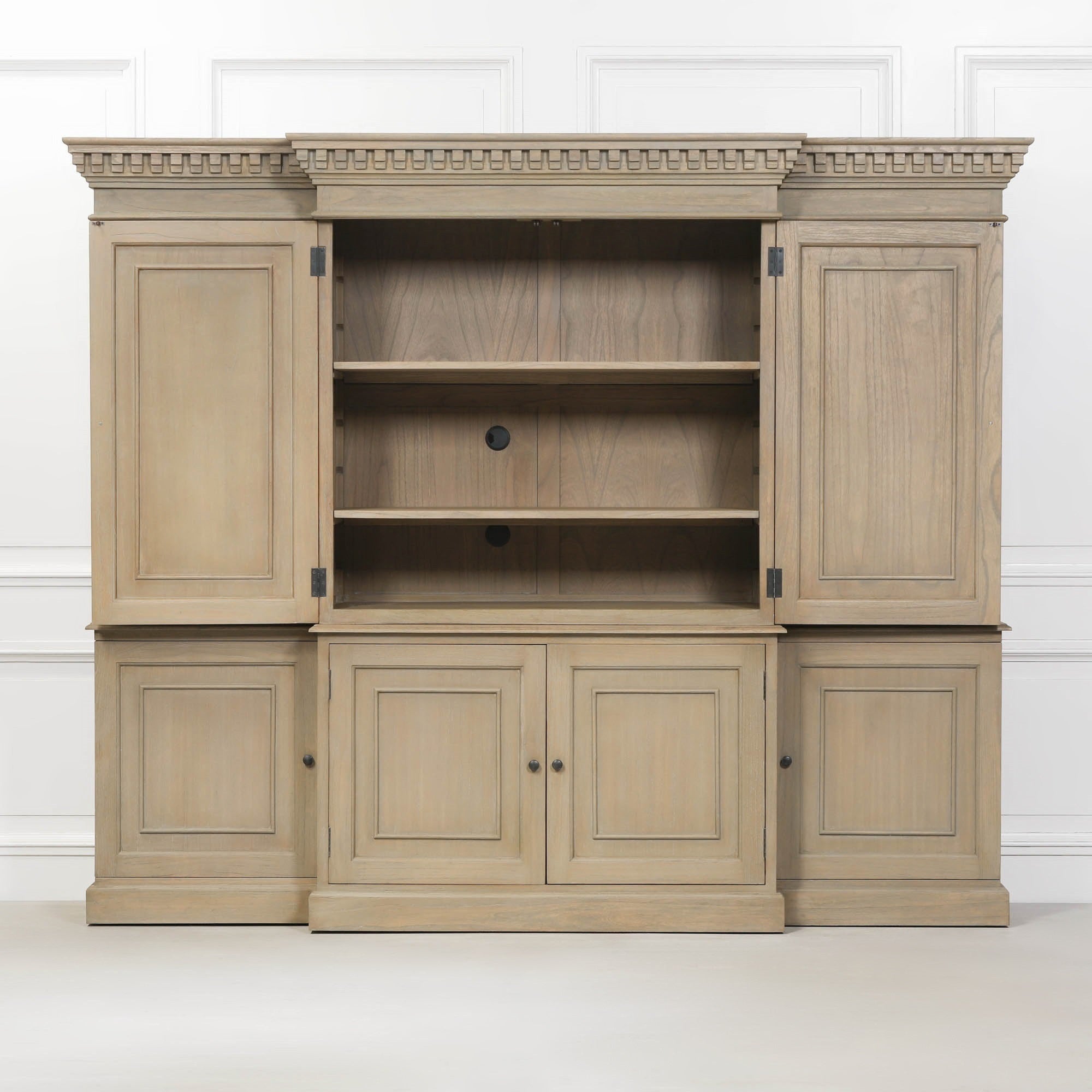 Fully opened Théodore Extra Large Triple Breakfront TV Cabinet in Rustic White Cedar Wood revealing spacious shelving, enclosed cupboard storage, integrated cable management and large entertainment centre functionality.