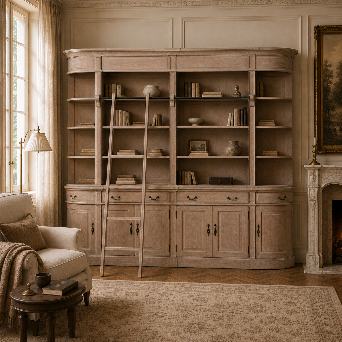 Théodore rustic white cedar library bookcase with ladder and shelves, styled with books in a warm fireplace living room.
