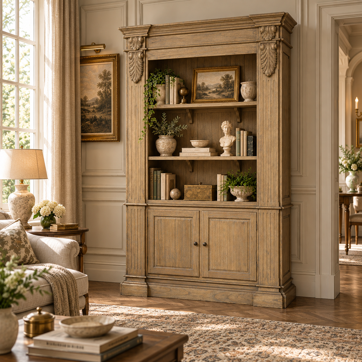 Théodore hand-carved white cedar open bookcase with lower cabinet, styled with books and plants in a classic living room