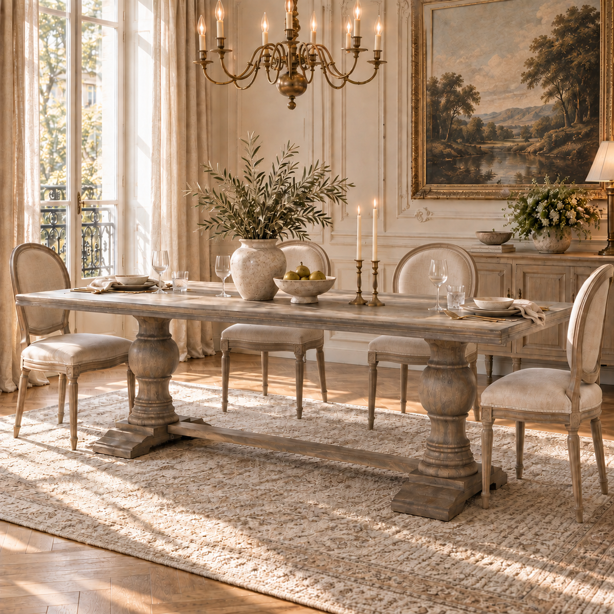 Théodore large rustic mango wood dining table for 10–12 in a sunlit dining room with chandelier, rug and upholstered chairs.