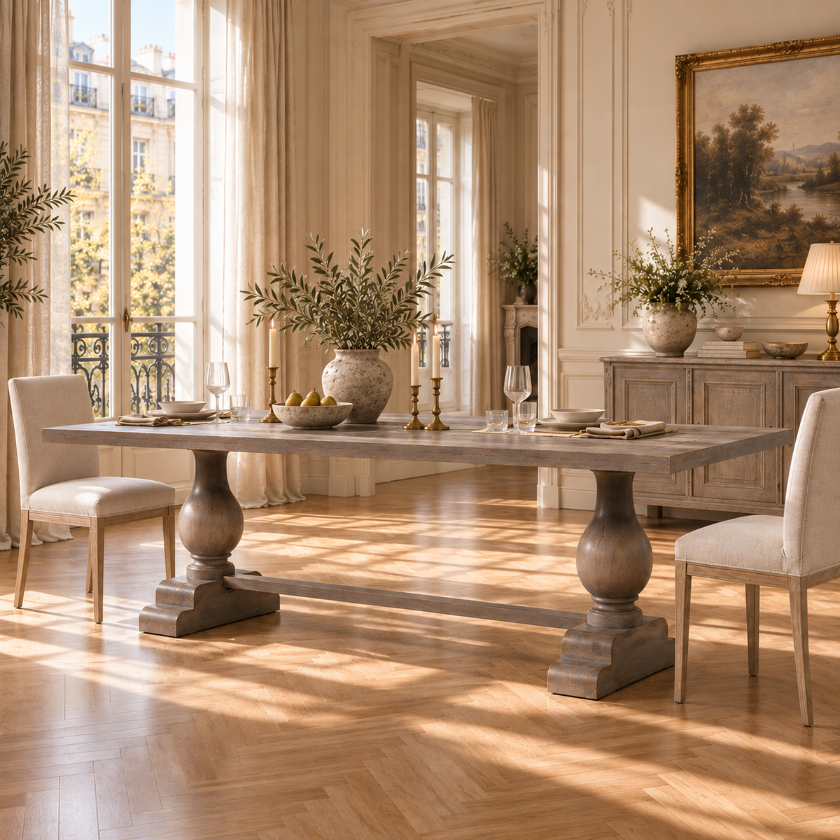 Théodore large 210cm mango wood dining table with pedestal legs in a bright French dining room with cream chairs
